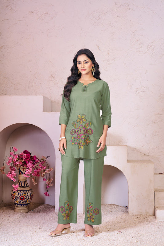 Lorenvalley Fashion Green Heavy Rayon Multi Embroidery Thread Work Co-Ords Set - Swadesiicart