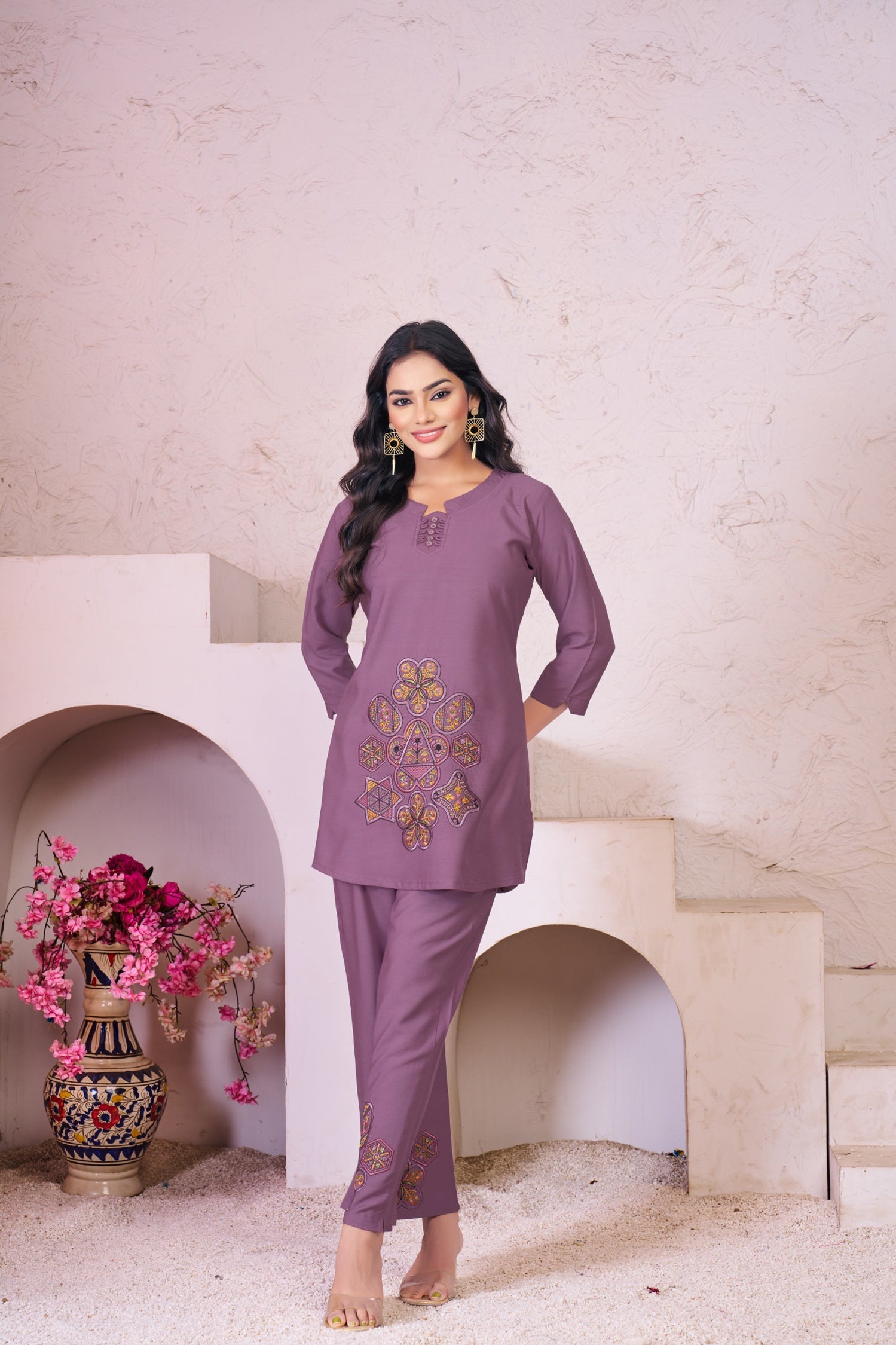 Lorenvalley Fashion Lavender Heavy Rayon Multi Embroidery Thread Work Co-Ords Set - Swadesiicart