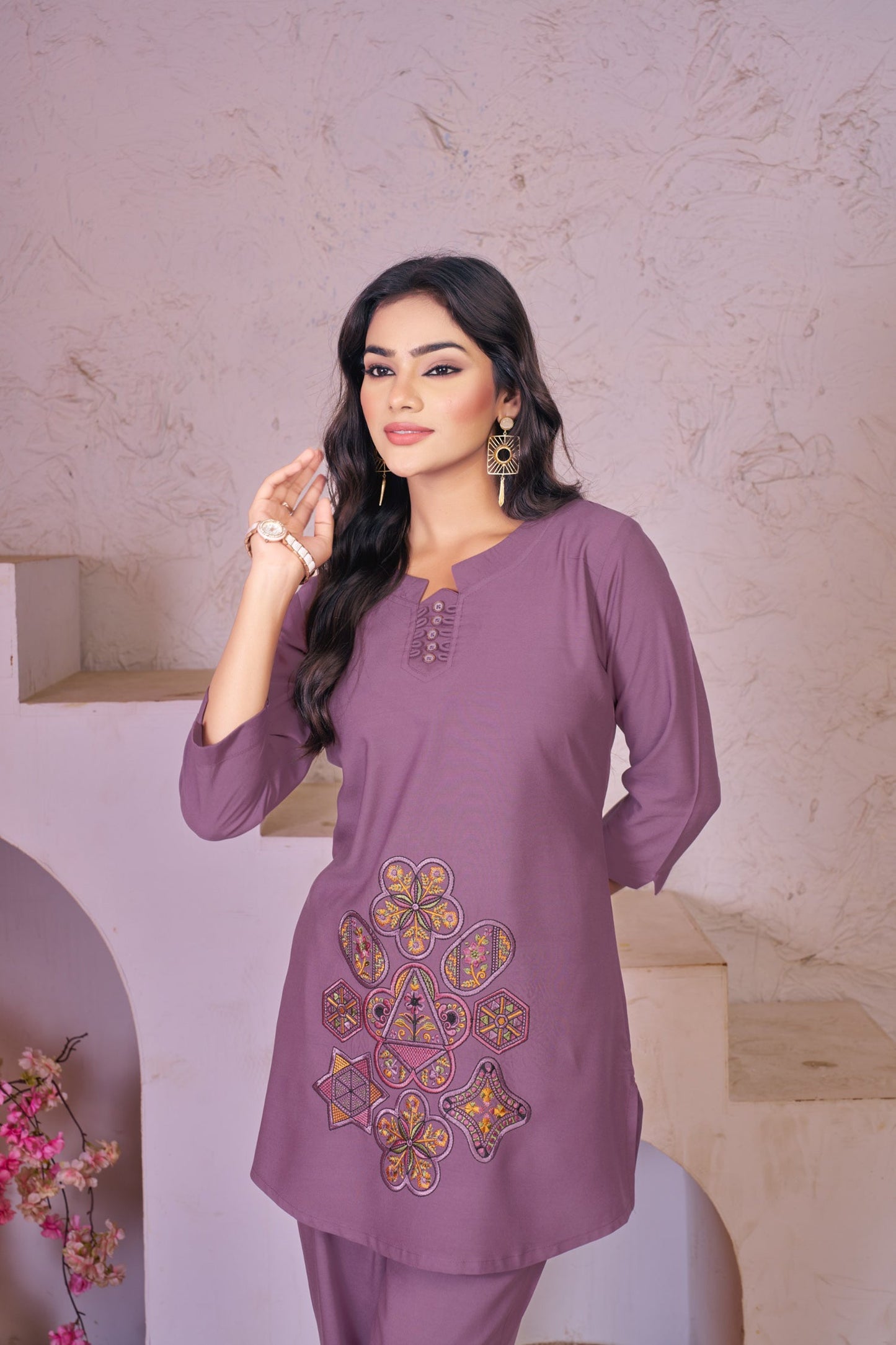 Lorenvalley Fashion Lavender Heavy Rayon Multi Embroidery Thread Work Co-Ords Set - Swadesiicart