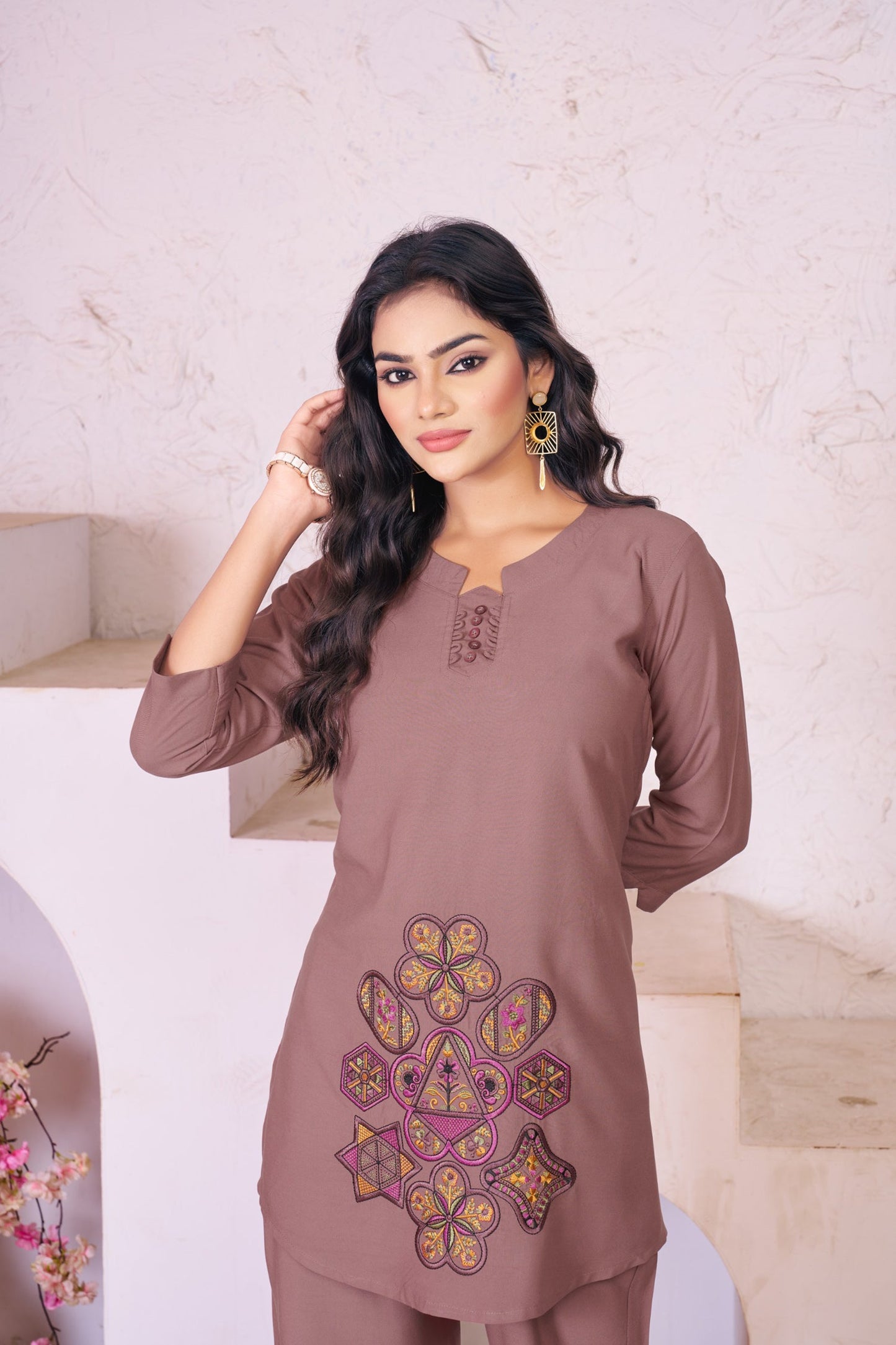 Lorenvalley Fashion Onion Heavy Rayon Multi Embroidery Thread Work Co-Ords Set - Swadesiicart