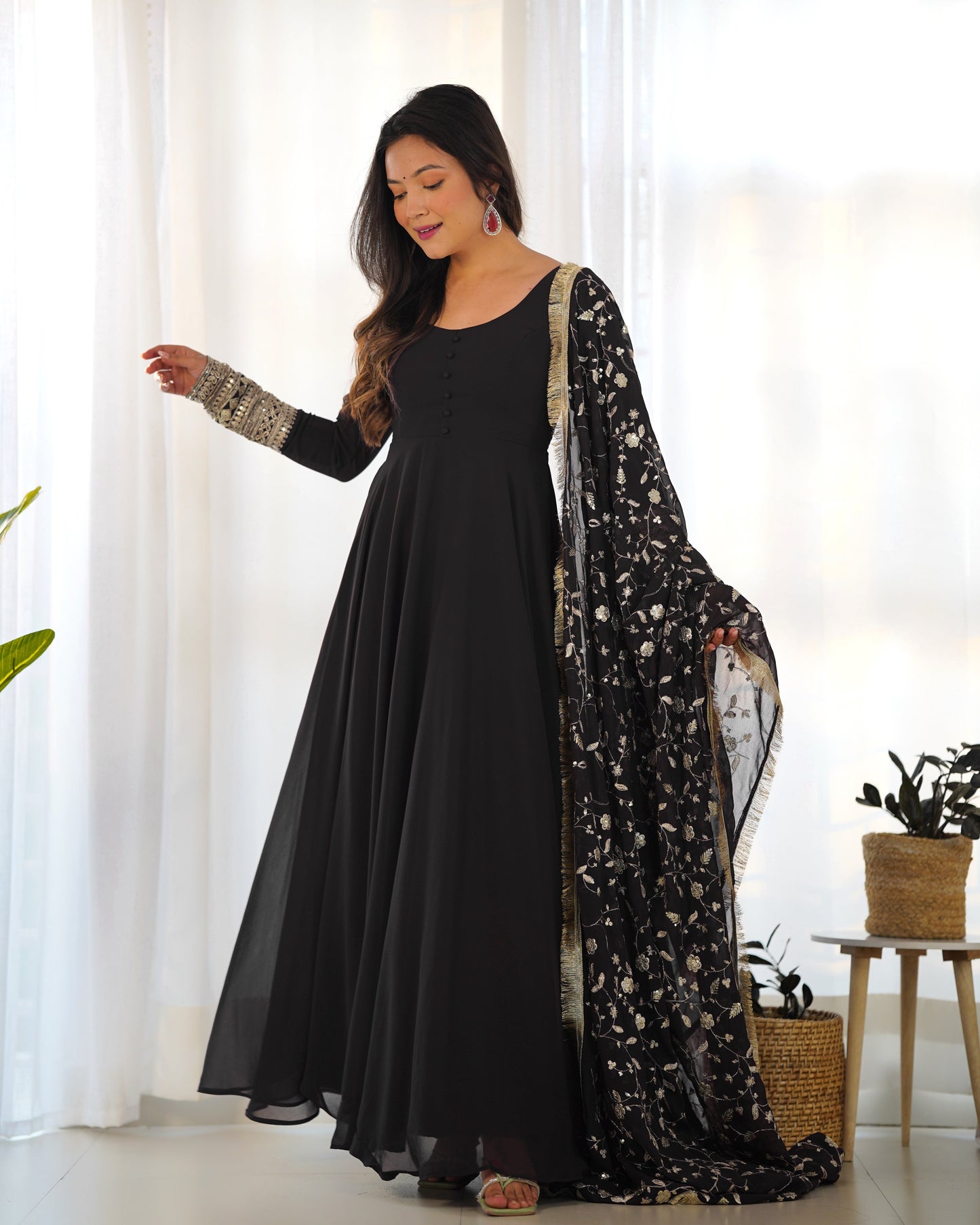 Lorenvalley Women Georgette Anarkali Gown Duppta Full Set With Pent Ready To Wear - Black | Swadesiicart