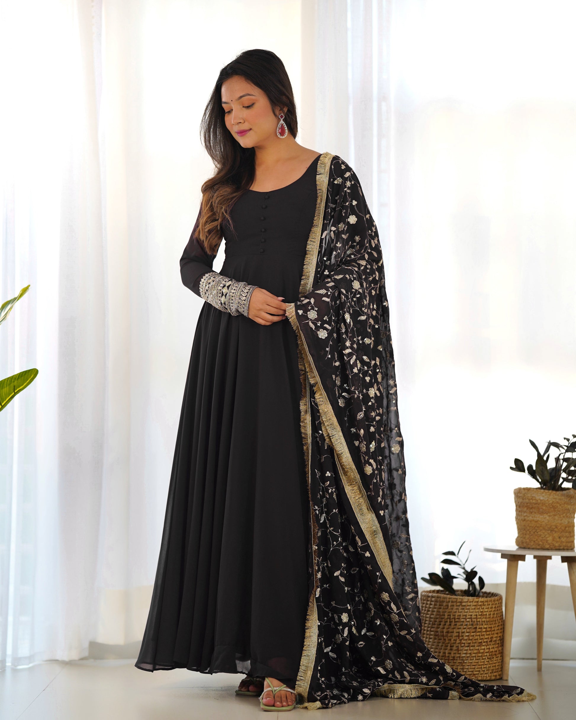Lorenvalley Women Georgette Anarkali Gown Duppta Full Set With Pent Ready To Wear - Black | Swadesiicart