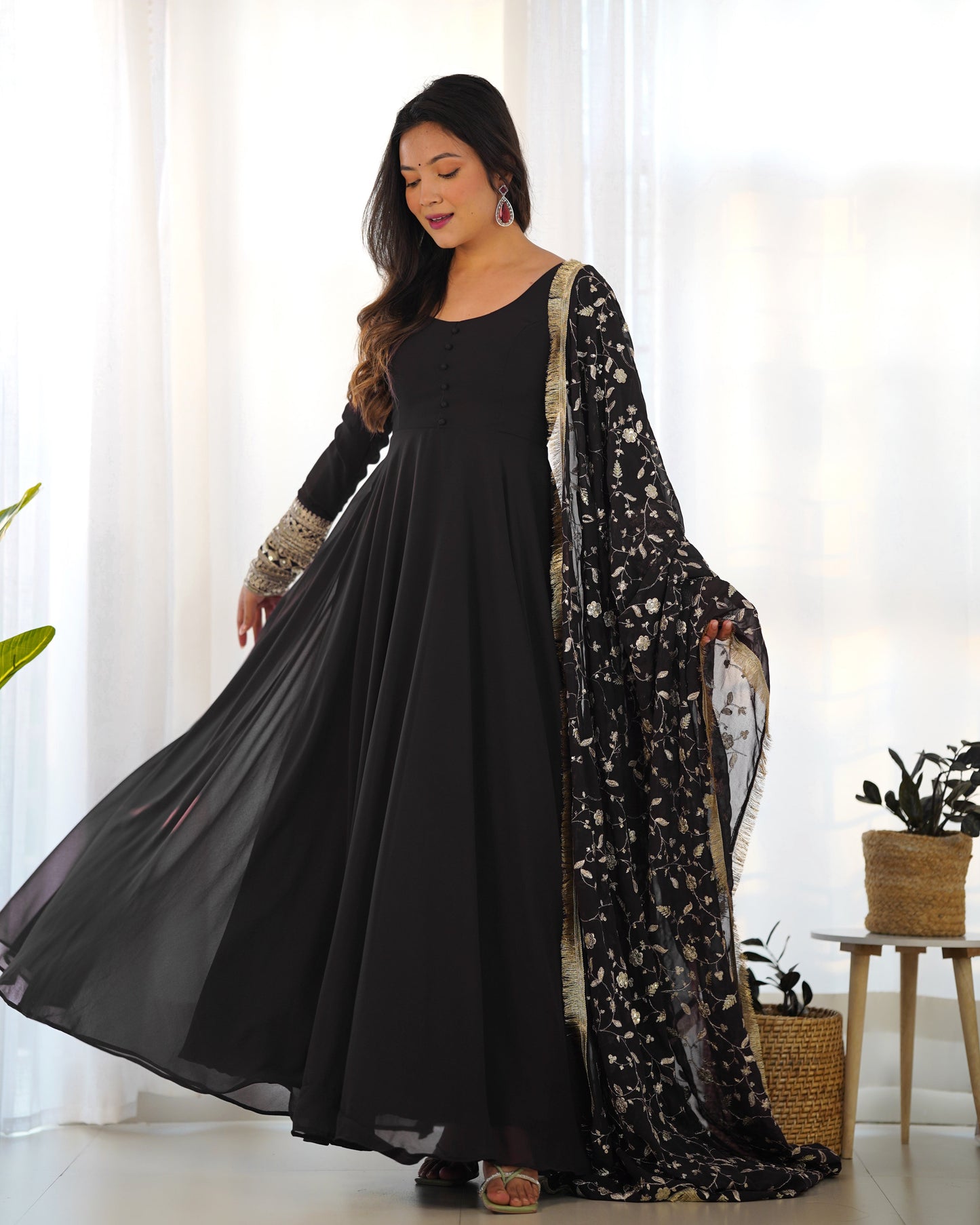 Lorenvalley Women Georgette Anarkali Gown Duppta Full Set With Pent Ready To Wear - Black | Swadesiicart