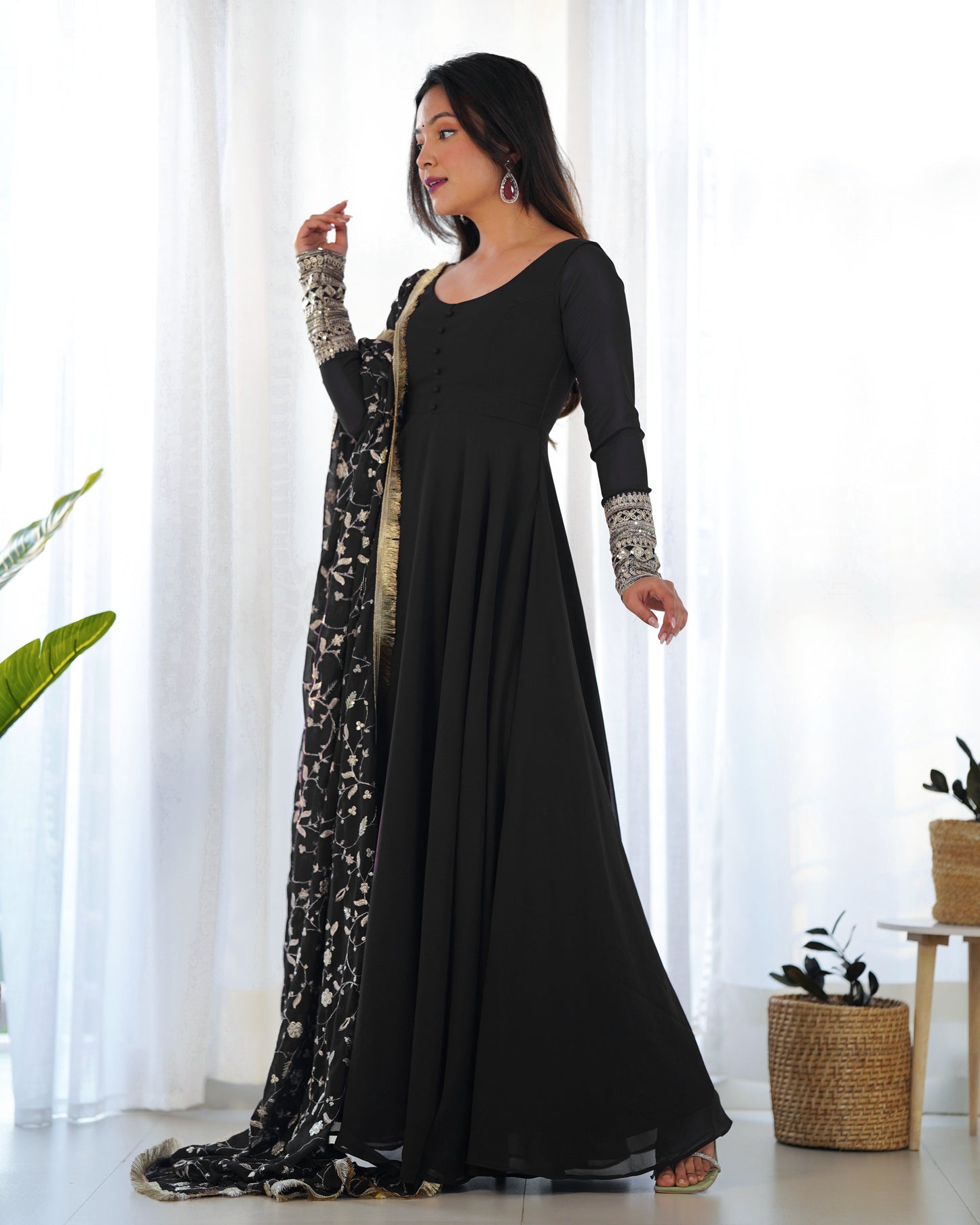 Lorenvalley Women Georgette Anarkali Gown Duppta Full Set With Pent Ready To Wear - Black | Swadesiicart