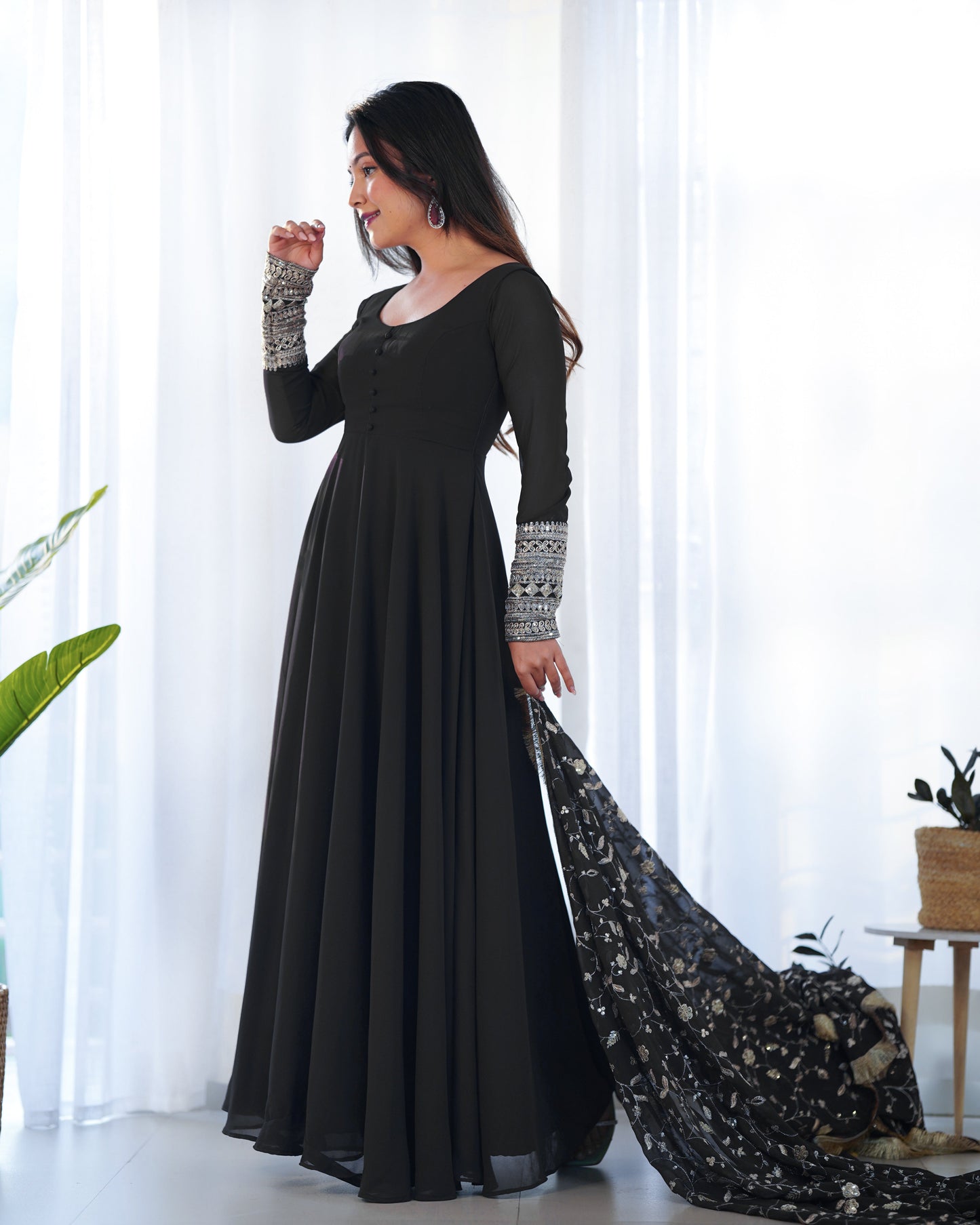 Lorenvalley Women Georgette Anarkali Gown Duppta Full Set With Pent Ready To Wear - Black | Swadesiicart