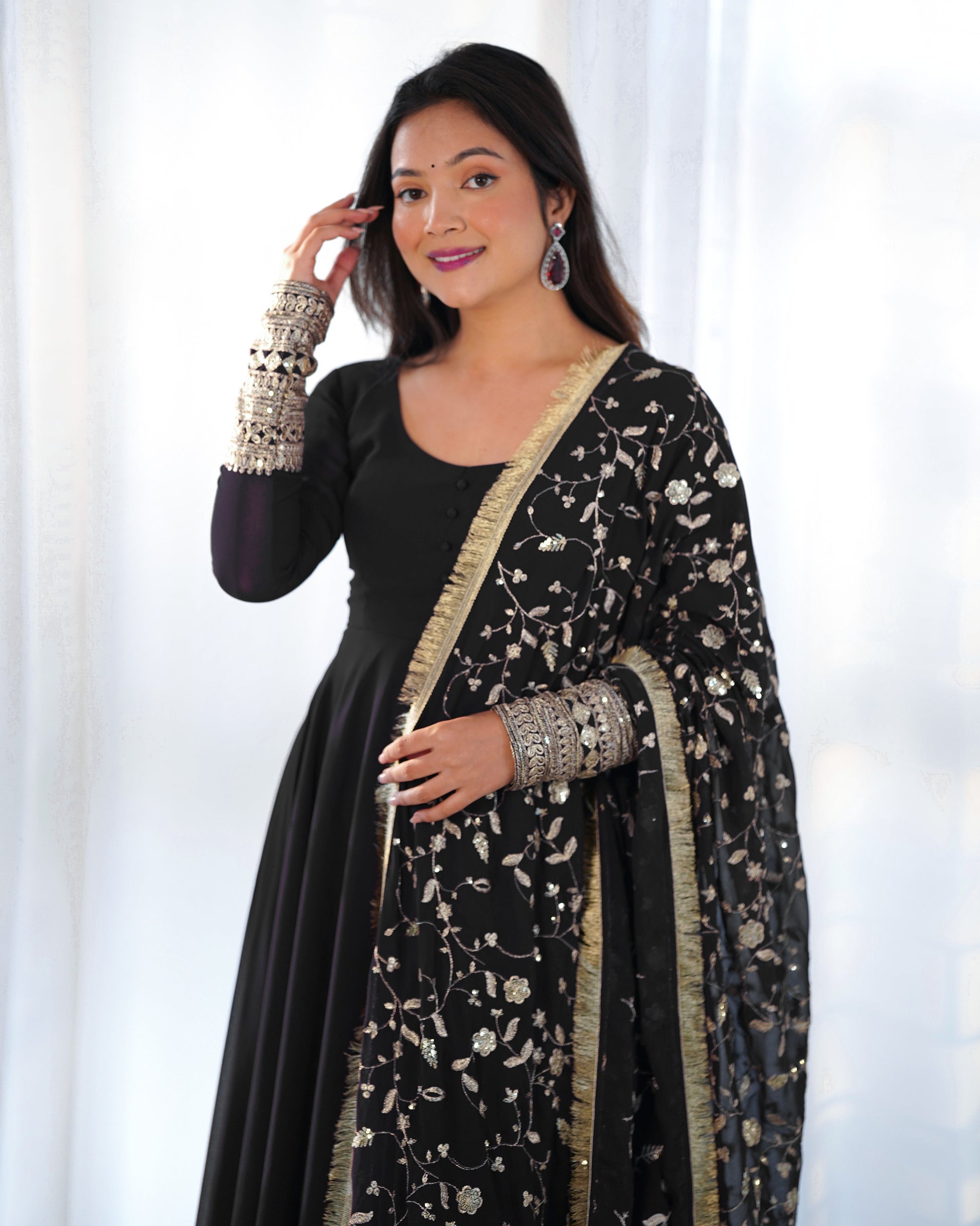 Lorenvalley Women Georgette Anarkali Gown Duppta Full Set With Pent Ready To Wear - Black | Swadesiicart