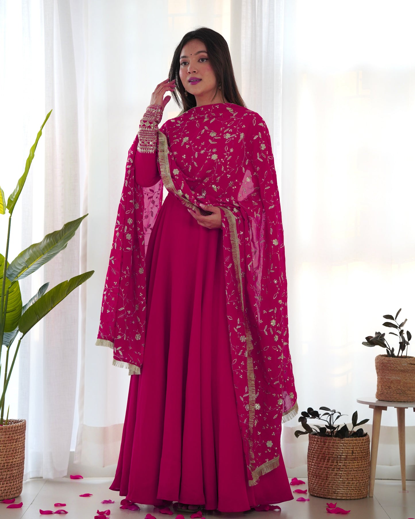 Lorenvalley Women Georgette Anarkali Gown Duppta Full Set With Pent Ready To Wear - Magenta | Swadesiicart