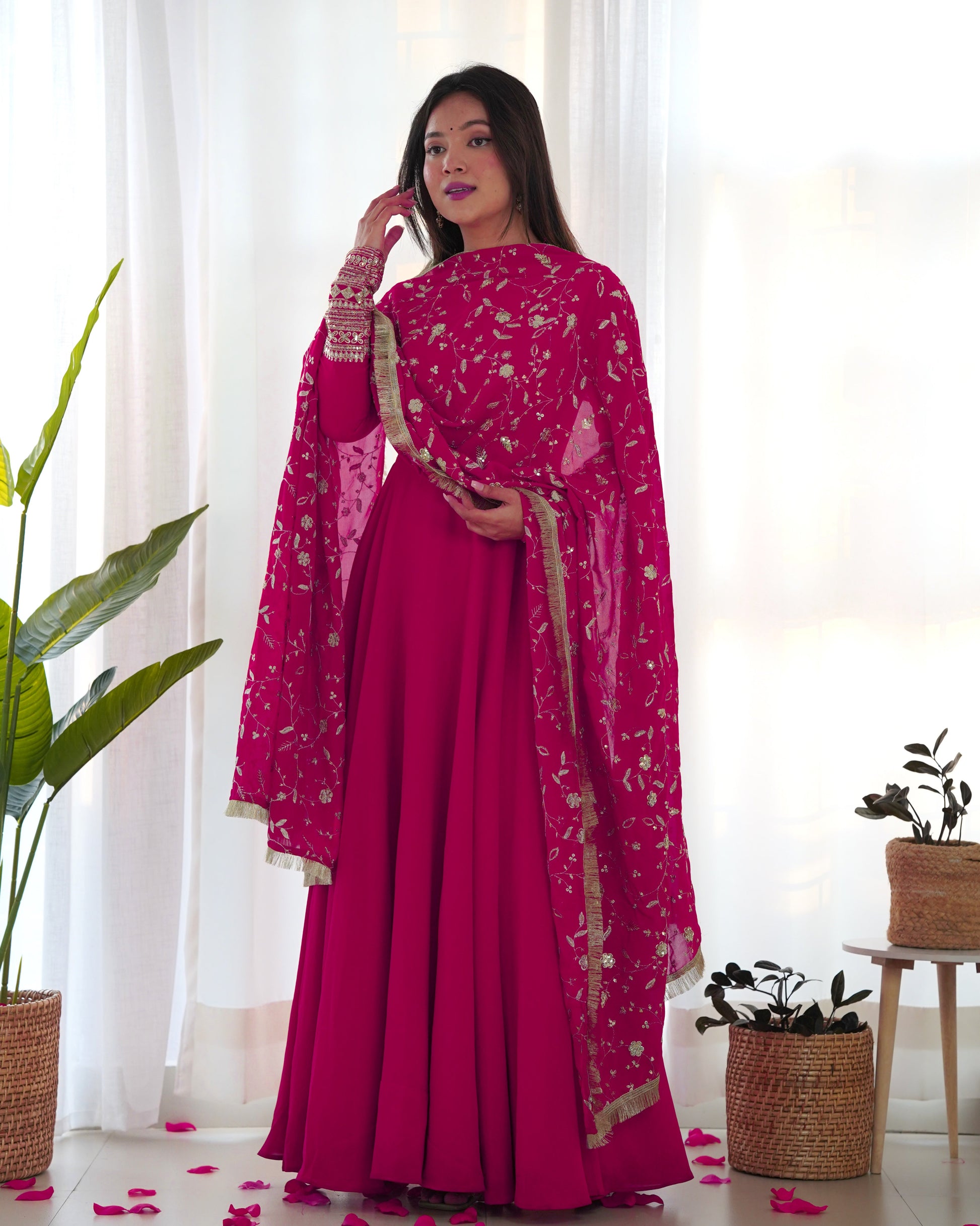 Lorenvalley Women Georgette Anarkali Gown Duppta Full Set With Pent Ready To Wear - Magenta | Swadesiicart