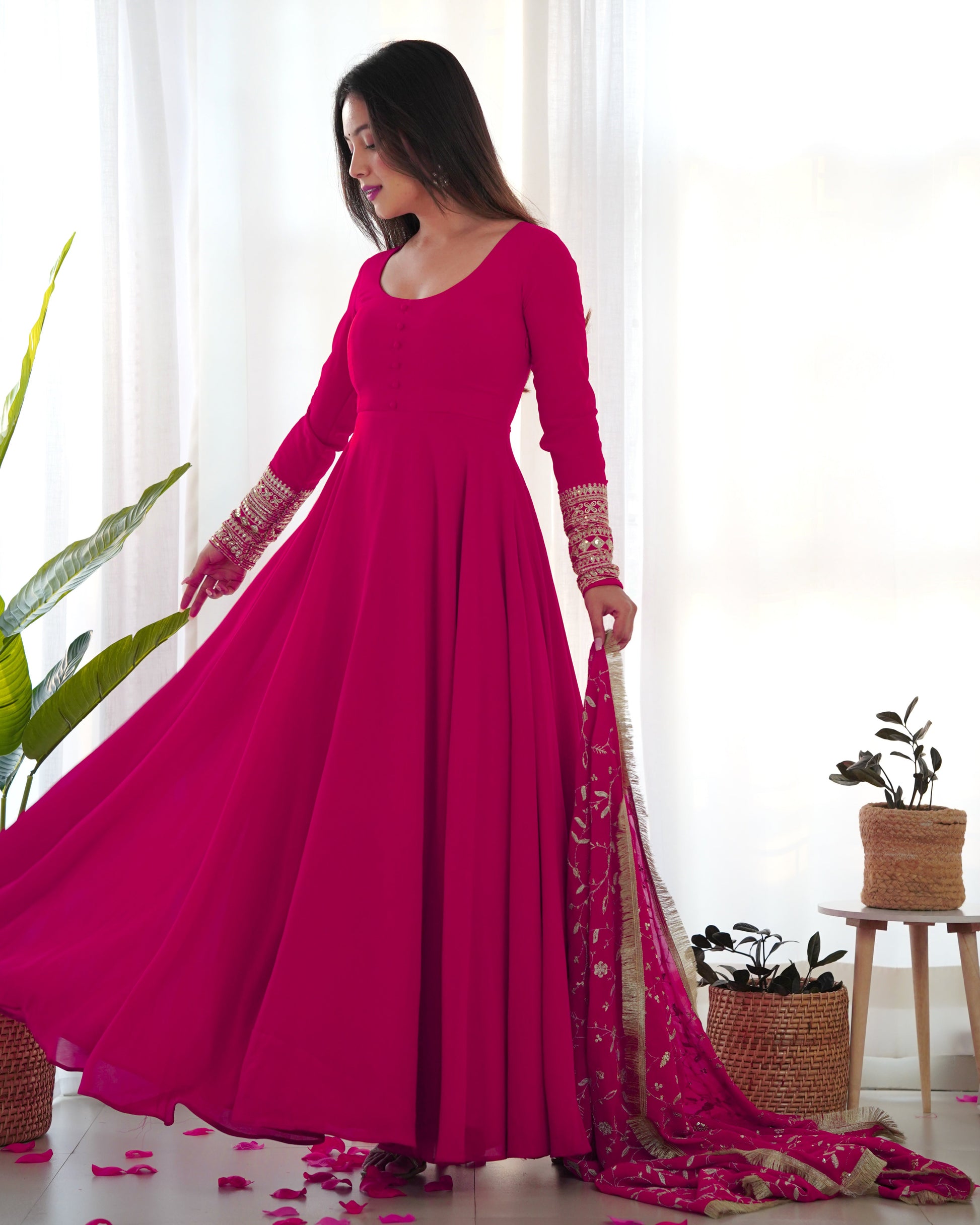 Lorenvalley Women Georgette Anarkali Gown Duppta Full Set With Pent Ready To Wear - Magenta | Swadesiicart