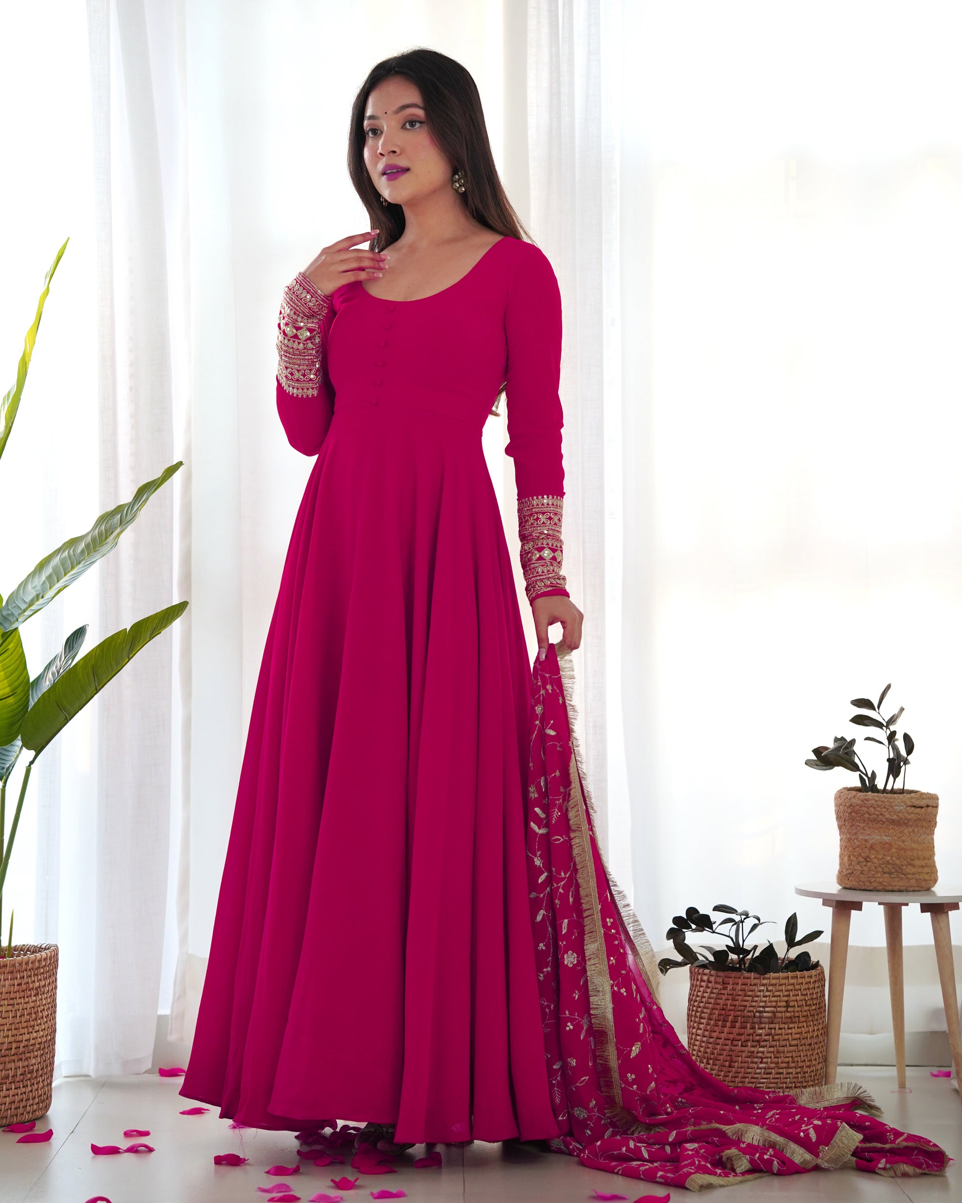 Lorenvalley Women Georgette Anarkali Gown Duppta Full Set With Pent Ready To Wear - Magenta | Swadesiicart