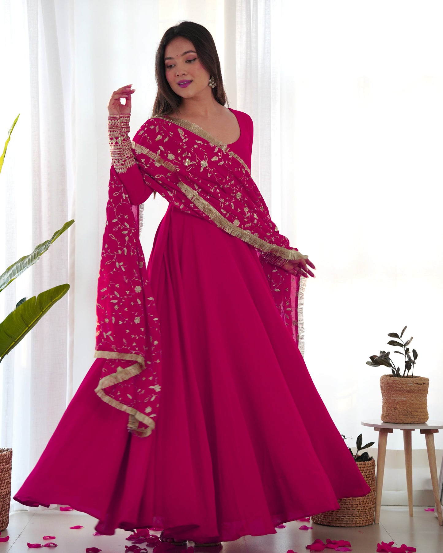 Lorenvalley Women Georgette Anarkali Gown Duppta Full Set With Pent Ready To Wear - Magenta | Swadesiicart
