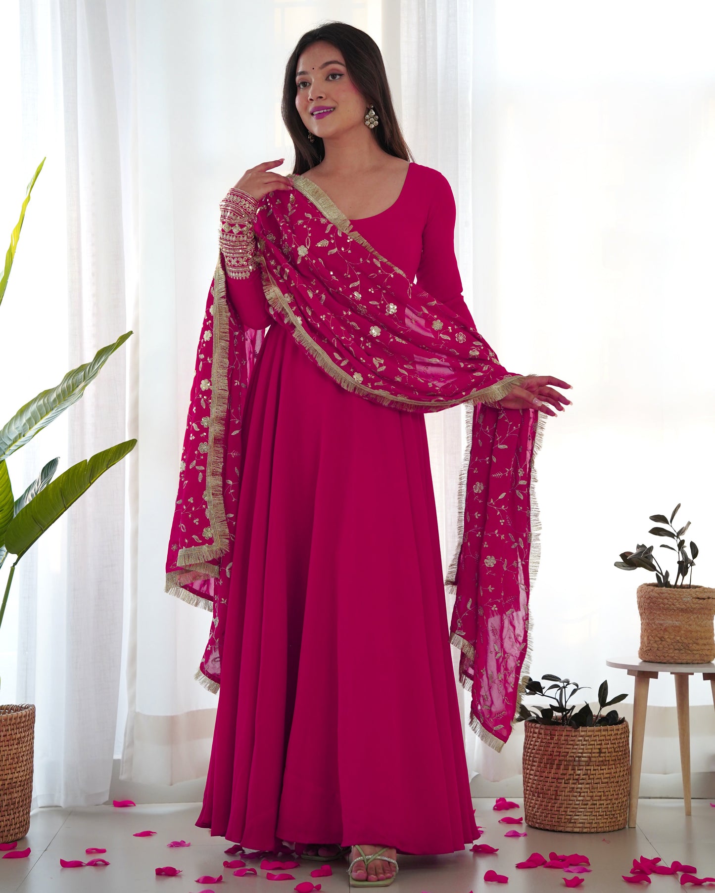 Lorenvalley Women Georgette Anarkali Gown Duppta Full Set With Pent Ready To Wear - Magenta | Swadesiicart