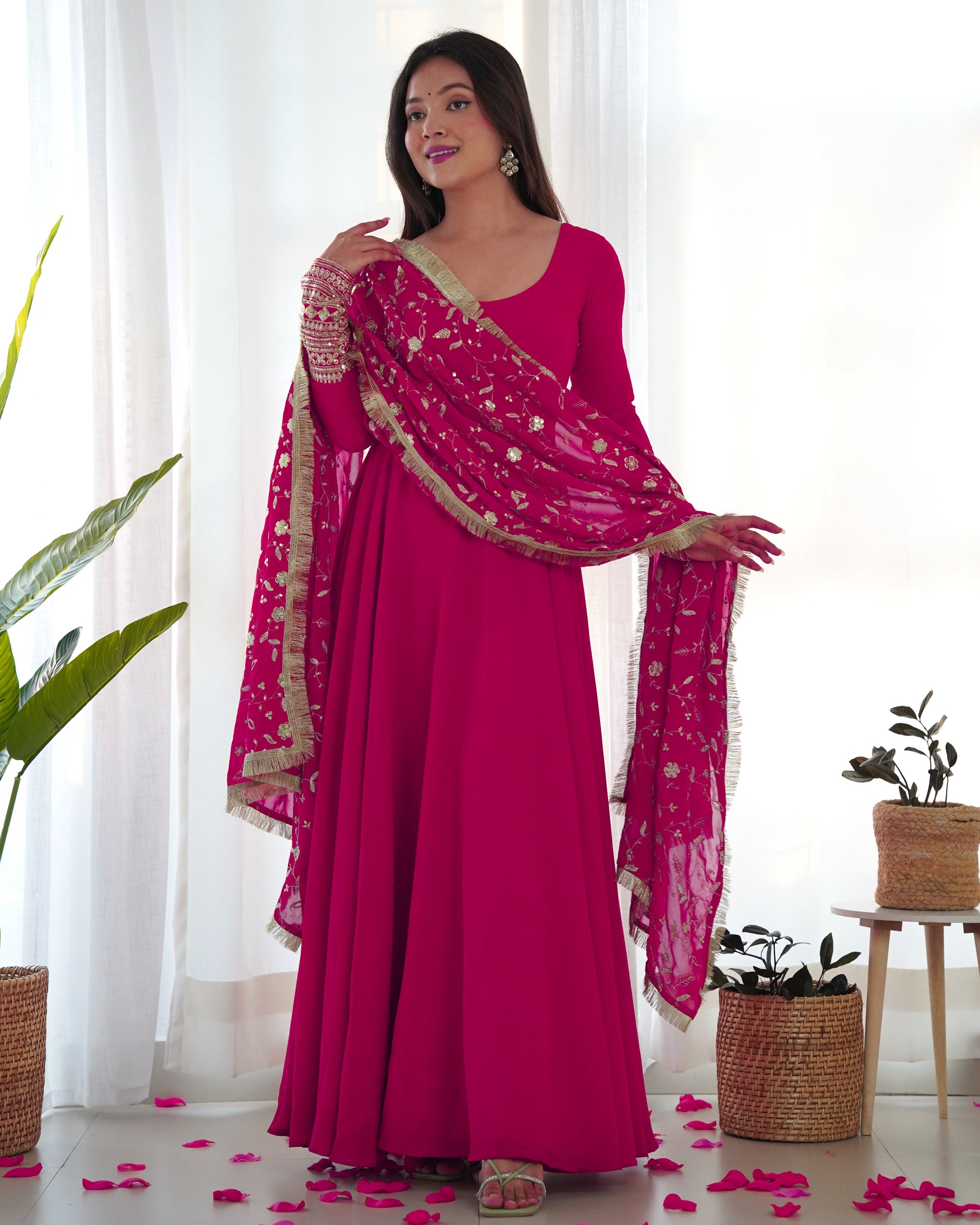 Lorenvalley Women Georgette Anarkali Gown Duppta Full Set With Pent Ready To Wear - Magenta | Swadesiicart