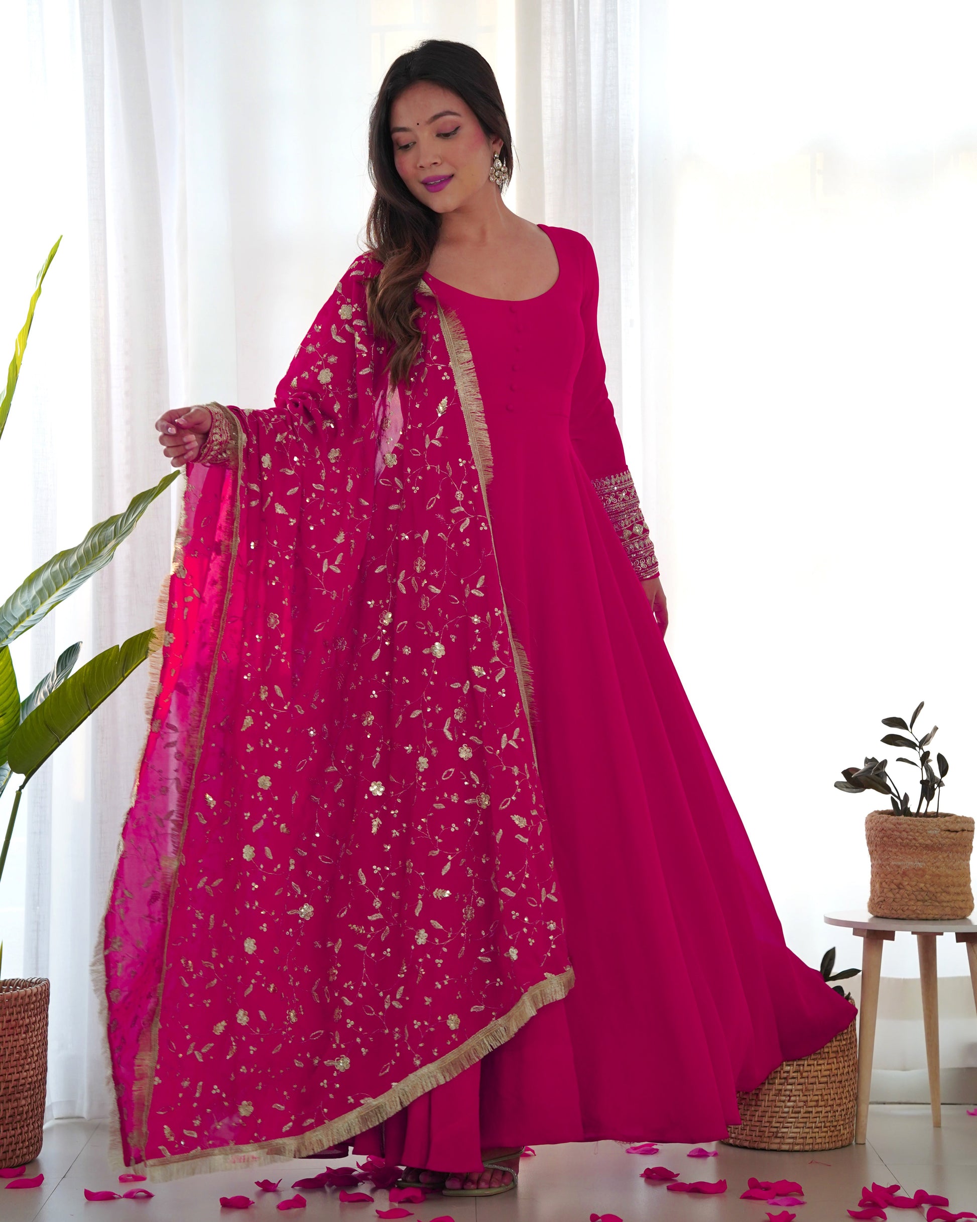 Lorenvalley Women Georgette Anarkali Gown Duppta Full Set With Pent Ready To Wear - Magenta | Swadesiicart
