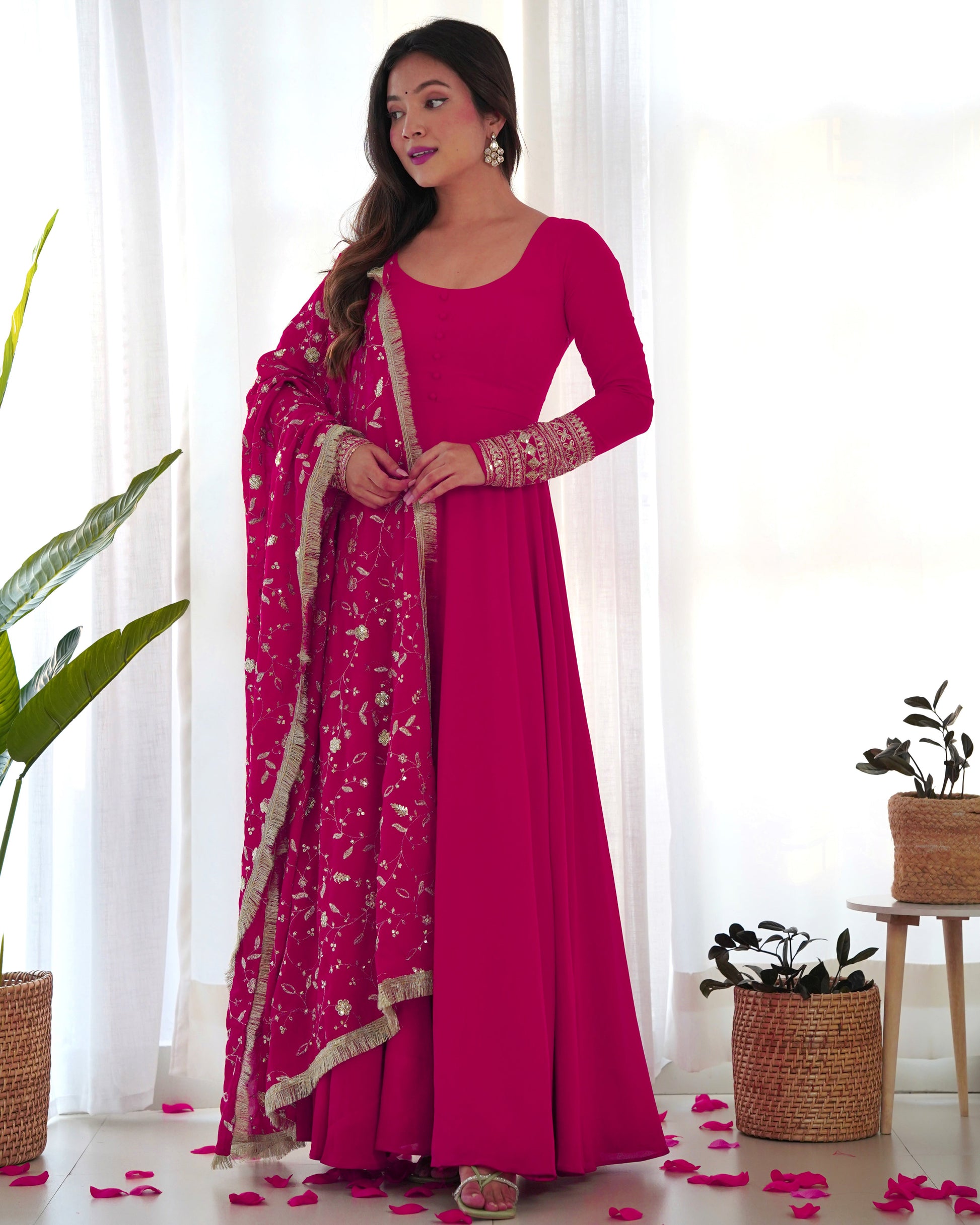Lorenvalley Women Georgette Anarkali Gown Duppta Full Set With Pent Ready To Wear - Magenta | Swadesiicart