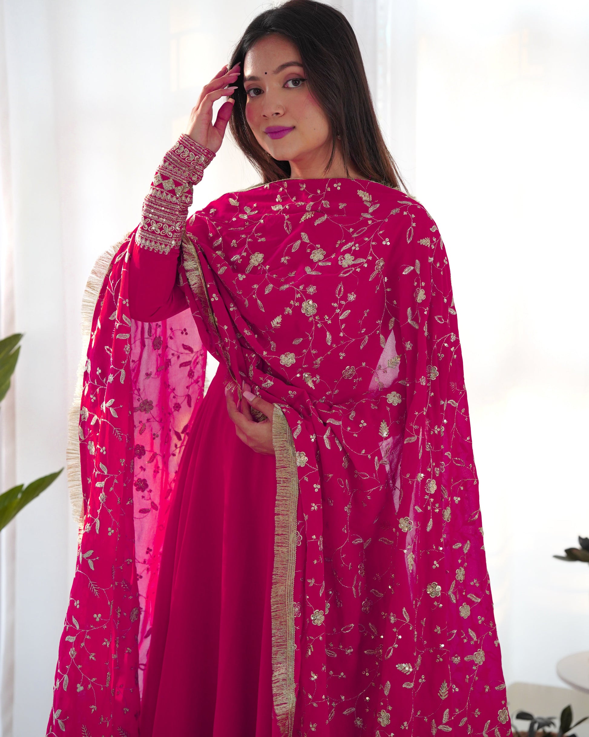Lorenvalley Women Georgette Anarkali Gown Duppta Full Set With Pent Ready To Wear - Magenta | Swadesiicart