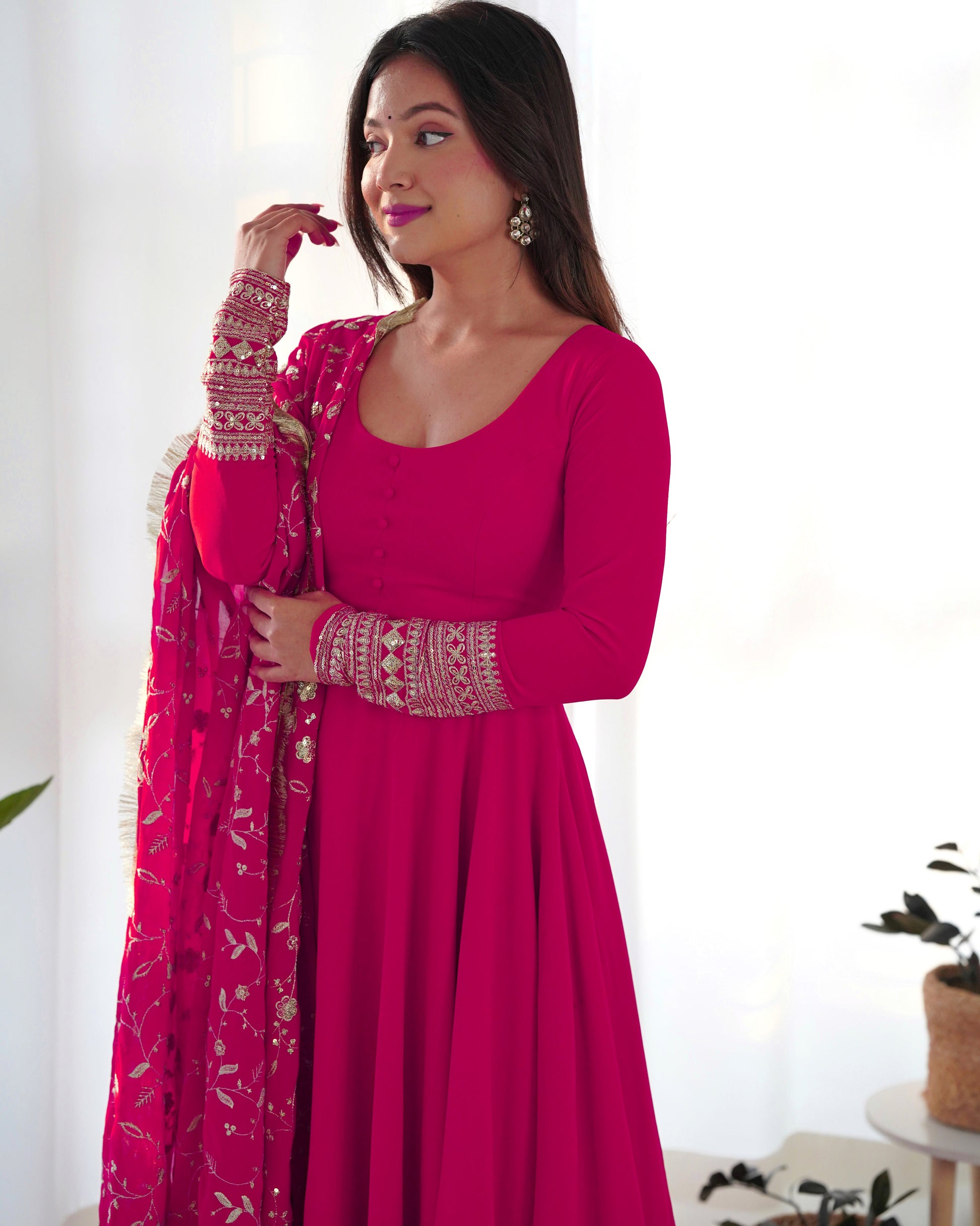 Lorenvalley Women Georgette Anarkali Gown Duppta Full Set With Pent Ready To Wear - Magenta | Swadesiicart