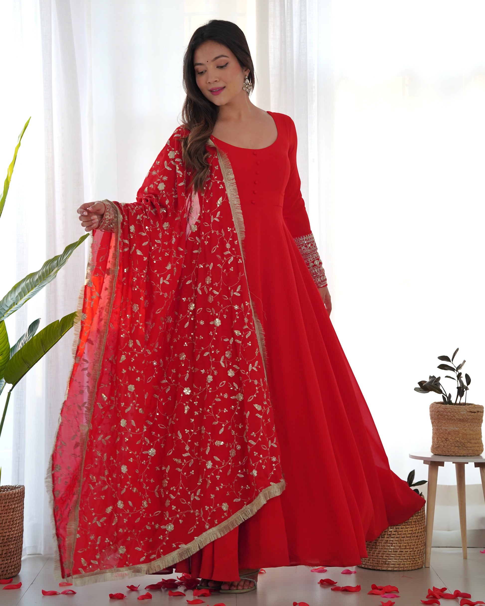 Lorenvalley Women Georgette Anarkali Gown Duppta Full Set With Pent Ready To Wear - Red | Swadesiicart