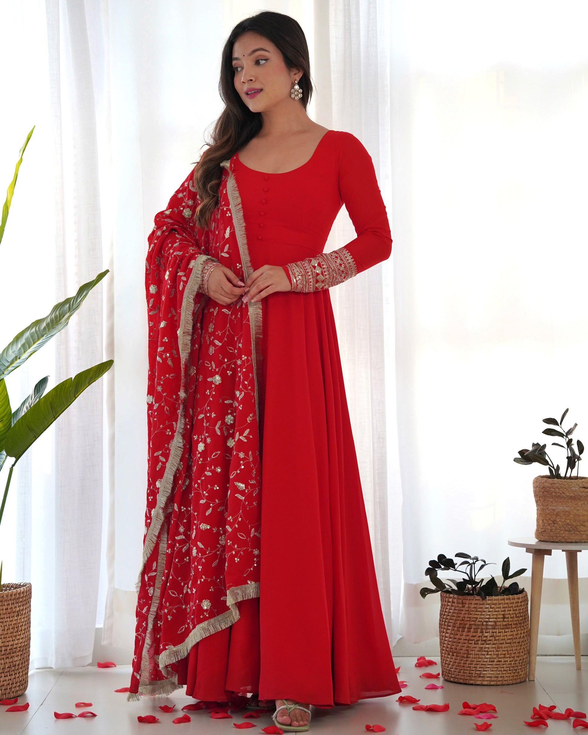 Lorenvalley Women Georgette Anarkali Gown Duppta Full Set With Pent Ready To Wear - Red | Swadesiicart