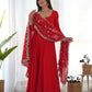 Lorenvalley Women Georgette Anarkali Gown Duppta Full Set With Pent Ready To Wear - Red | Swadesiicart