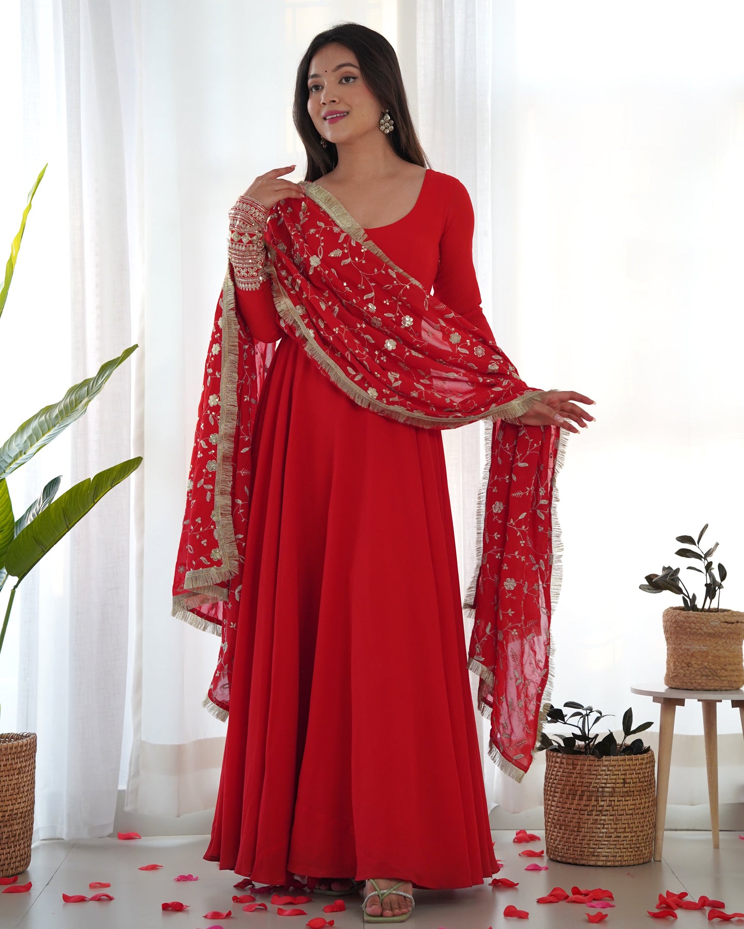 Lorenvalley Women Georgette Anarkali Gown Duppta Full Set With Pent Ready To Wear - Red | Swadesiicart