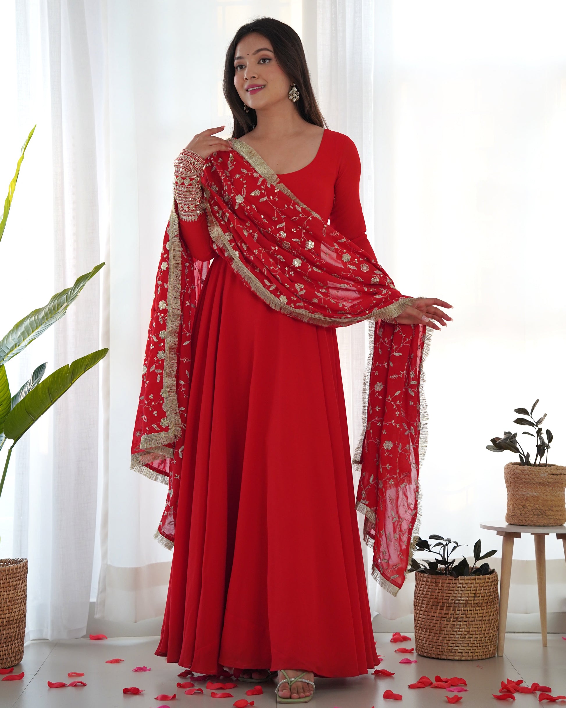 Lorenvalley Women Georgette Anarkali Gown Duppta Full Set With Pent Ready To Wear - Red | Swadesiicart