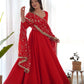 Lorenvalley Women Georgette Anarkali Gown Duppta Full Set With Pent Ready To Wear - Red | Swadesiicart