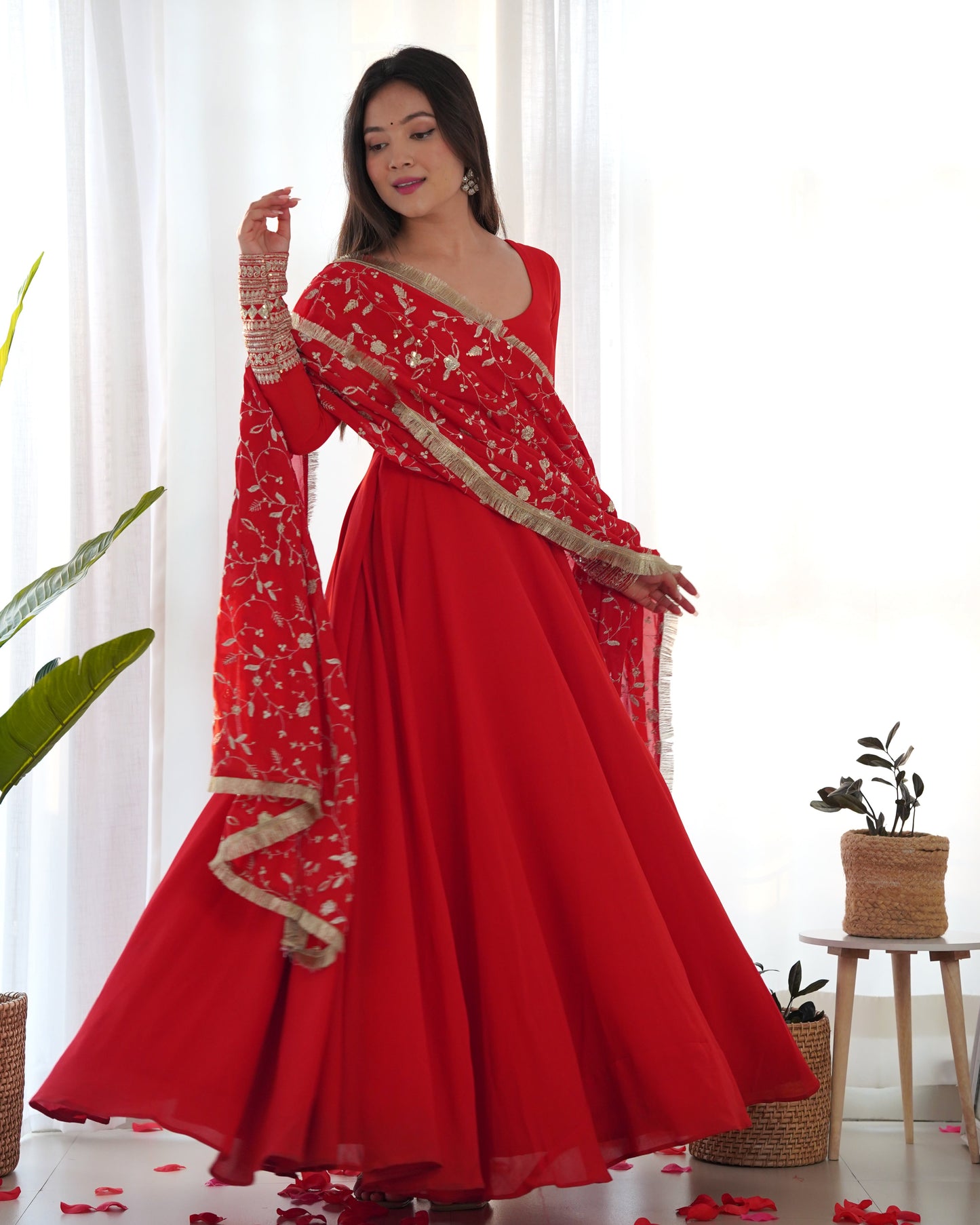 Lorenvalley Women Georgette Anarkali Gown Duppta Full Set With Pent Ready To Wear - Red | Swadesiicart