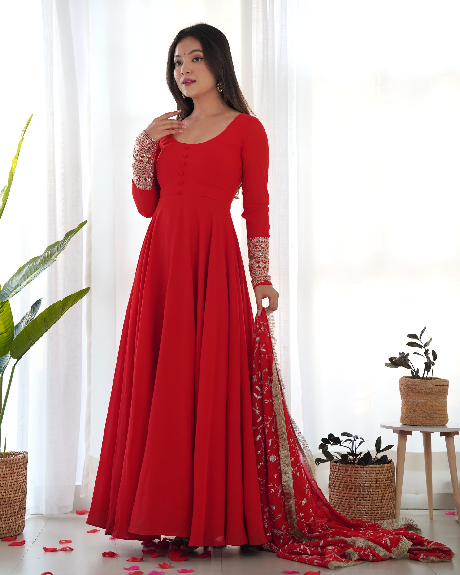 Lorenvalley Women Georgette Anarkali Gown Duppta Full Set With Pent Ready To Wear - Red | Swadesiicart