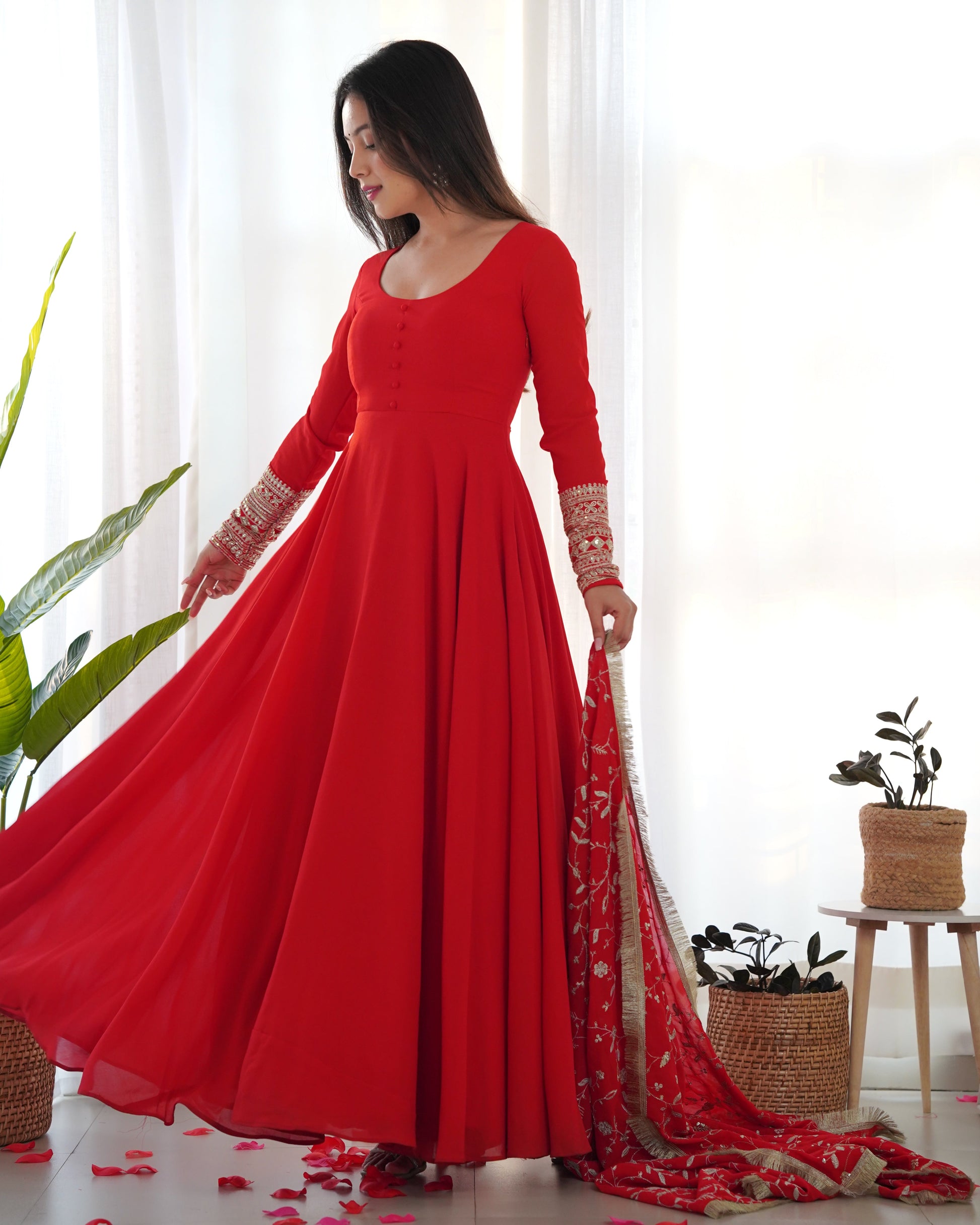 Lorenvalley Women Georgette Anarkali Gown Duppta Full Set With Pent Ready To Wear - Red | Swadesiicart