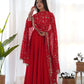 Lorenvalley Women Georgette Anarkali Gown Duppta Full Set With Pent Ready To Wear - Red | Swadesiicart