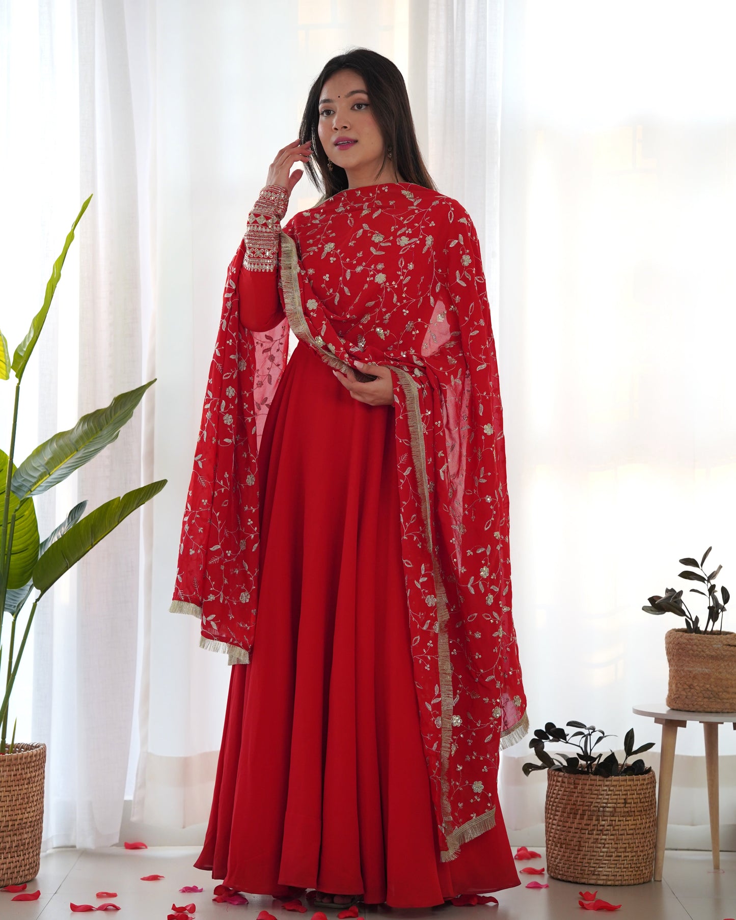 Lorenvalley Women Georgette Anarkali Gown Duppta Full Set With Pent Ready To Wear - Red | Swadesiicart