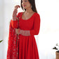 Lorenvalley Women Georgette Anarkali Gown Duppta Full Set With Pent Ready To Wear - Red | Swadesiicart