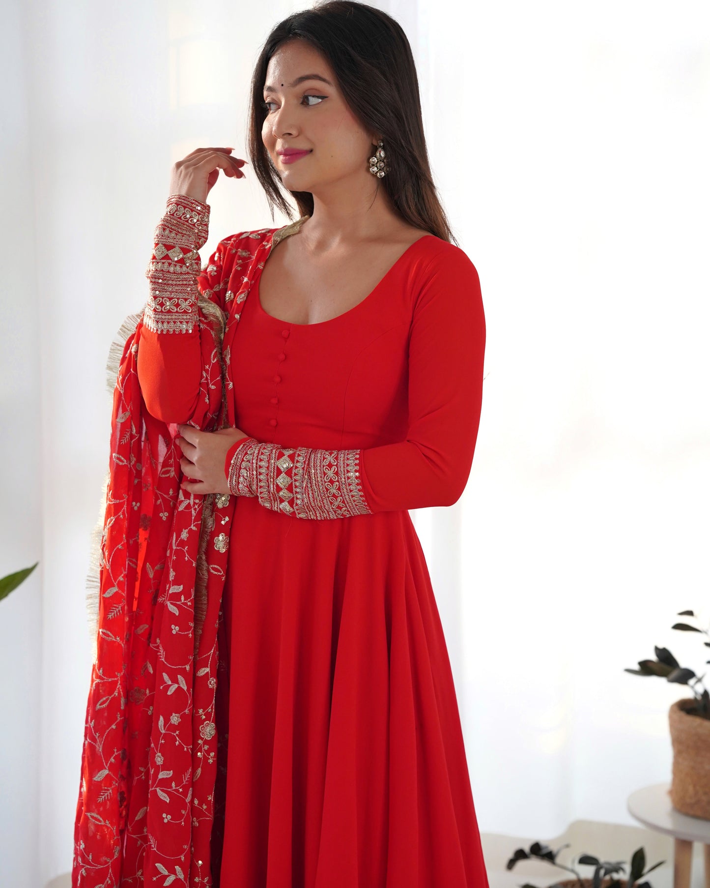 Lorenvalley Women Georgette Anarkali Gown Duppta Full Set With Pent Ready To Wear - Red | Swadesiicart