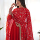 Lorenvalley Women Georgette Anarkali Gown Duppta Full Set With Pent Ready To Wear - Red | Swadesiicart