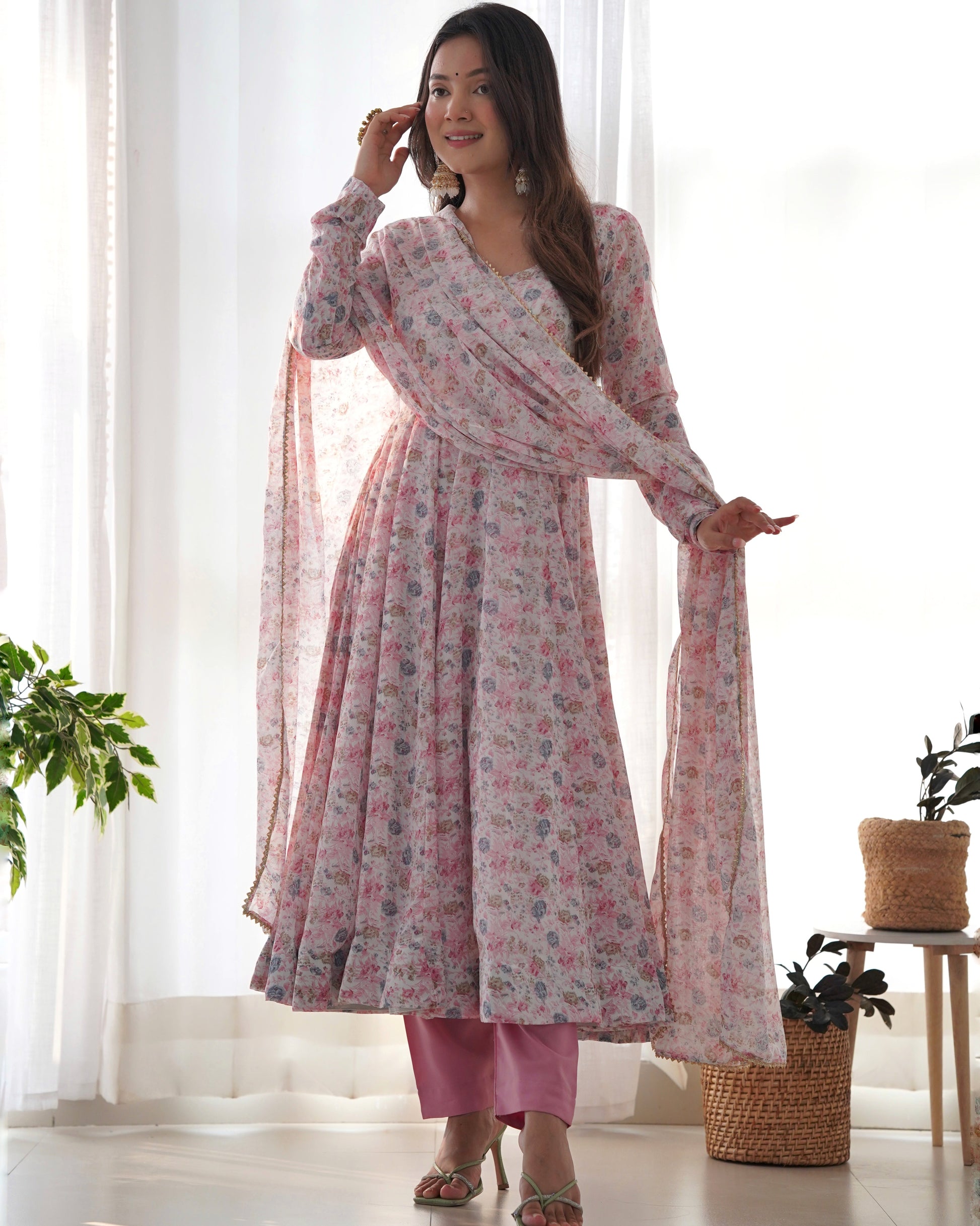 Lorenvalley Fashion Women Pure Orange Chiffon Floral Print Fully Flair Anarkali Kurta Pant With Dupatta Set - Pink | Swadesiicart