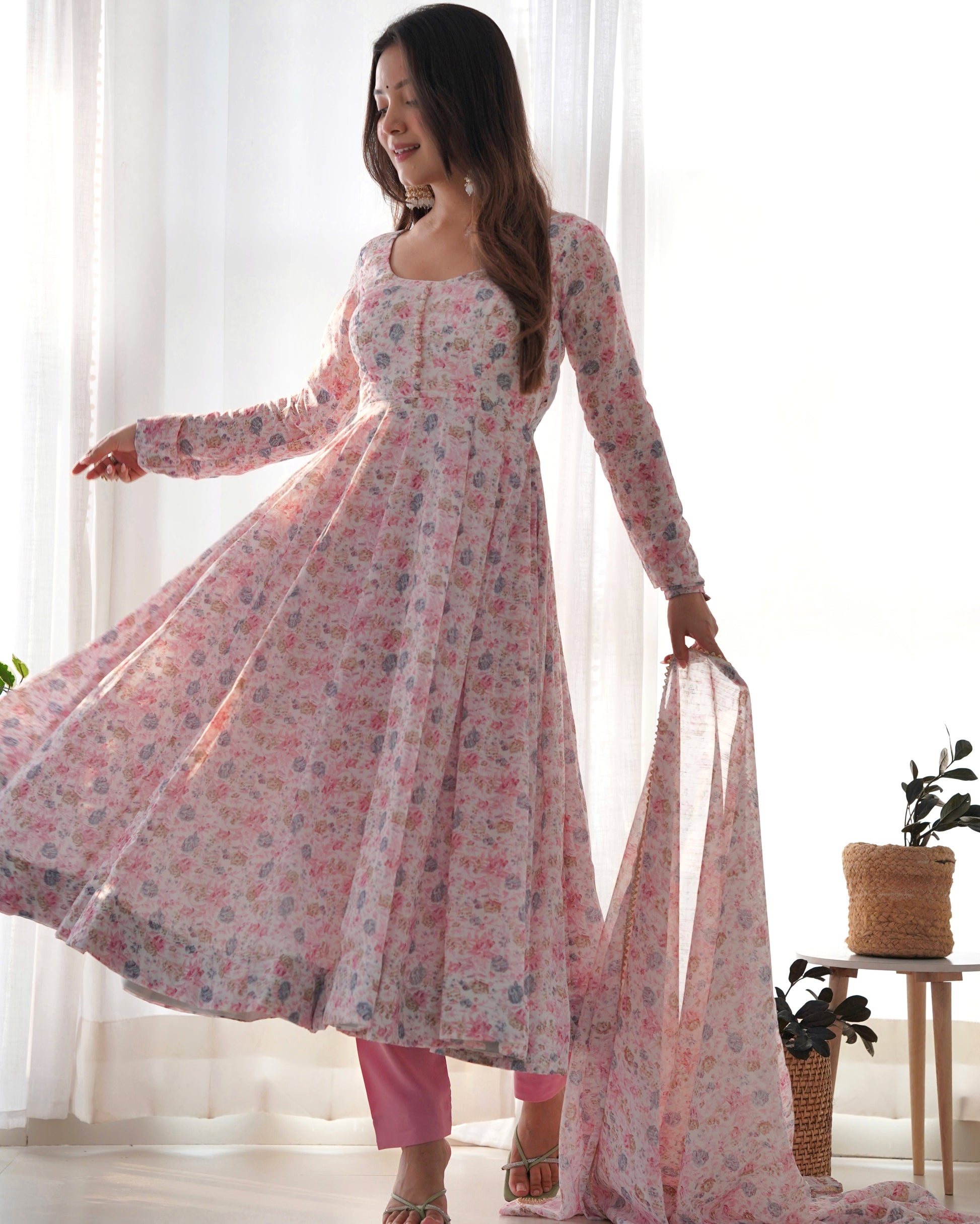 Lorenvalley Fashion Women Pure Orange Chiffon Floral Print Fully Flair Anarkali Kurta Pant With Dupatta Set - Pink | Swadesiicart