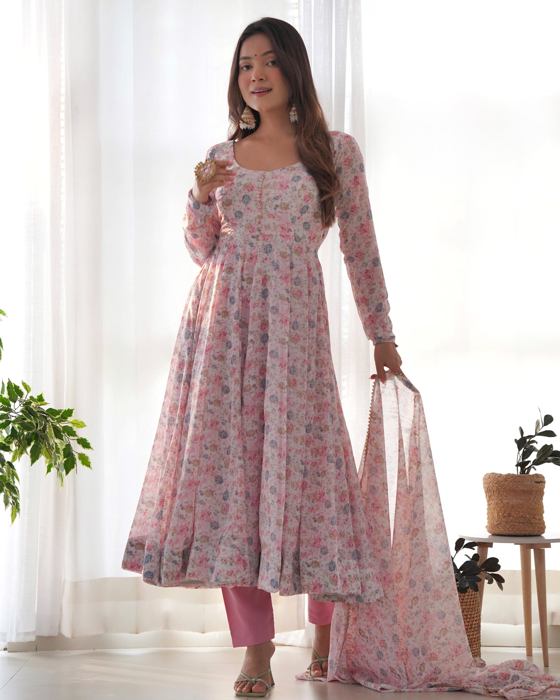 Lorenvalley Fashion Women Pure Orange Chiffon Floral Print Fully Flair Anarkali Kurta Pant With Dupatta Set - Pink | Swadesiicart