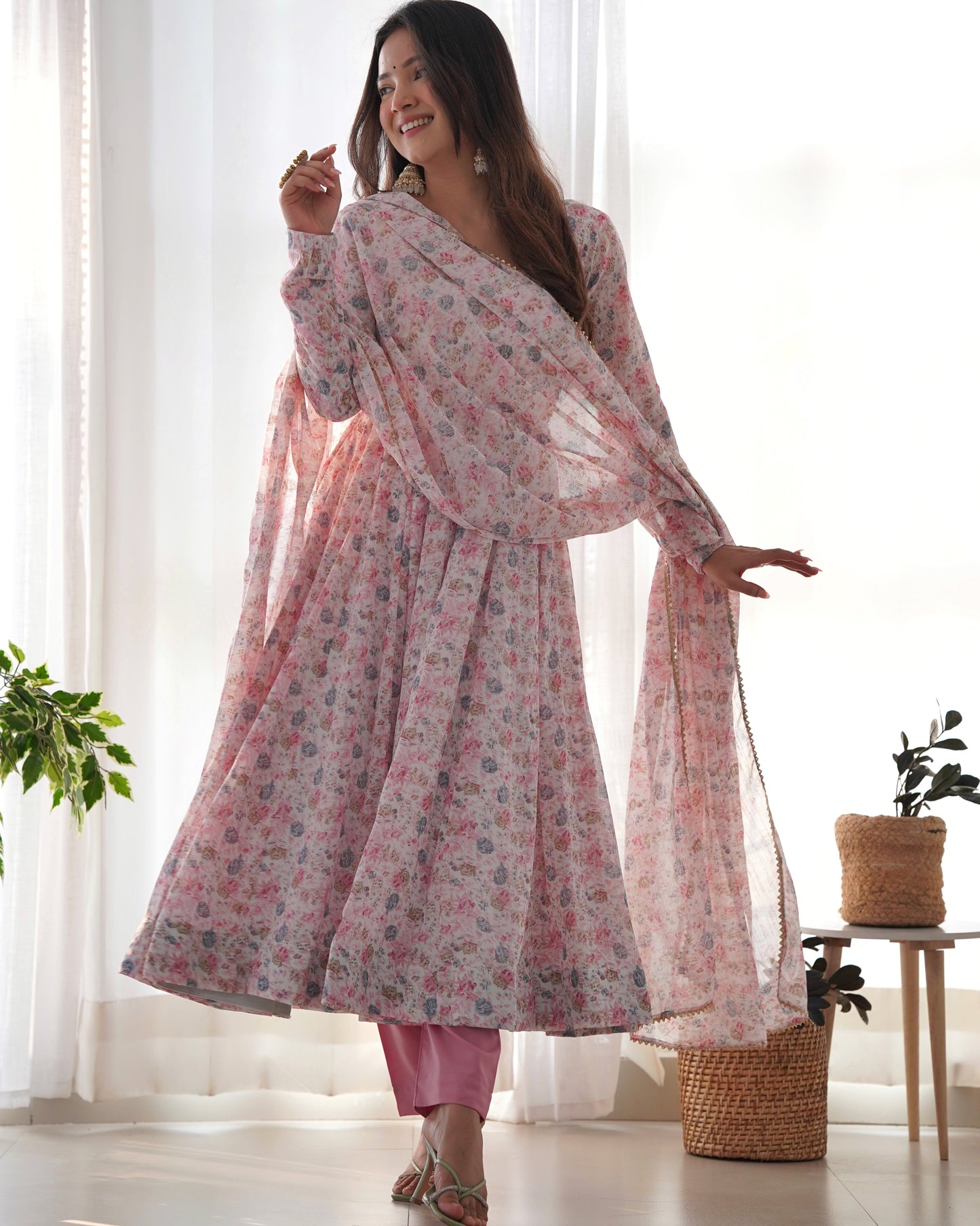 Lorenvalley Fashion Women Pure Orange Chiffon Floral Print Fully Flair Anarkali Kurta Pant With Dupatta Set - Pink | Swadesiicart