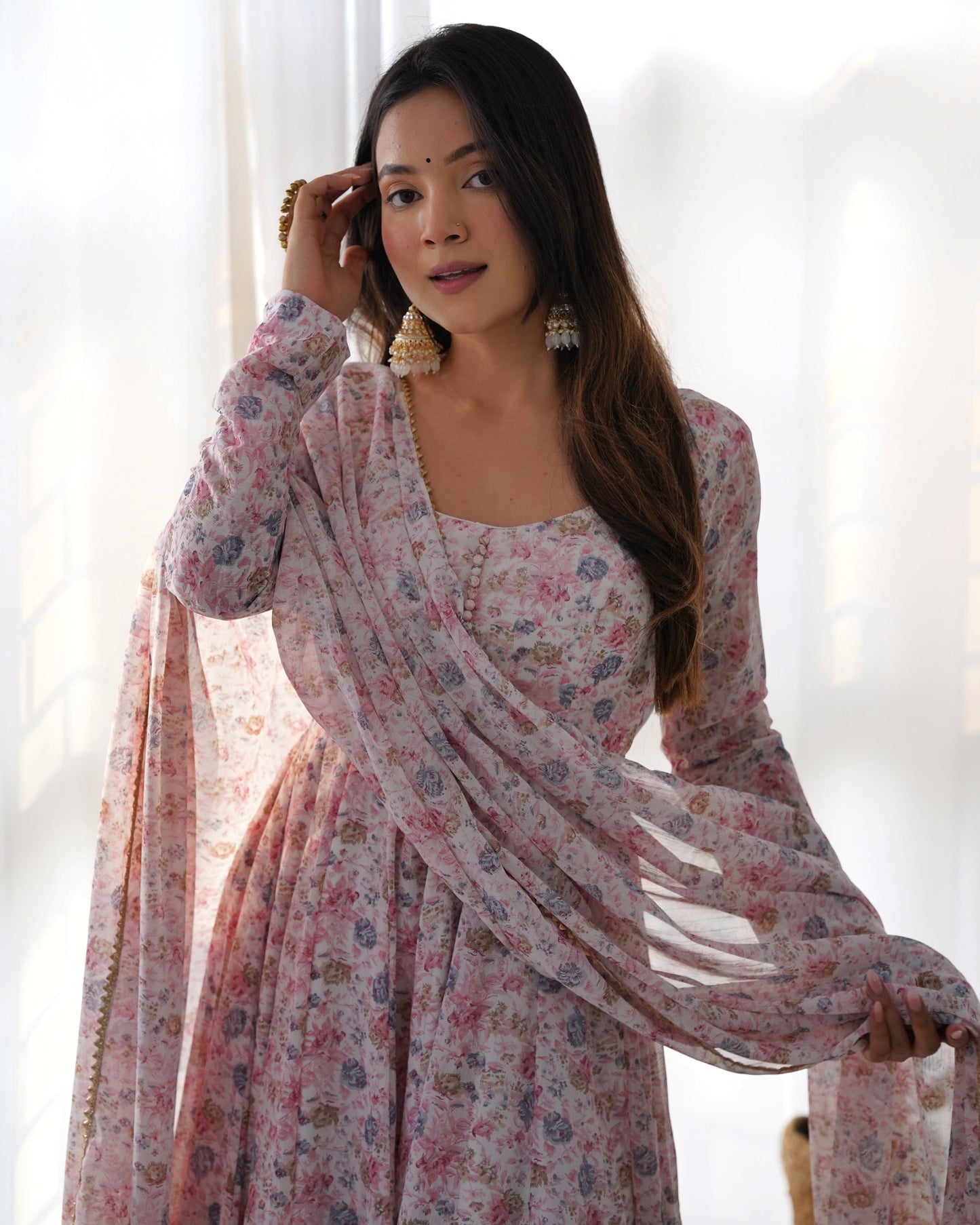 Lorenvalley Fashion Women Pure Orange Chiffon Floral Print Fully Flair Anarkali Kurta Pant With Dupatta Set - Pink | Swadesiicart