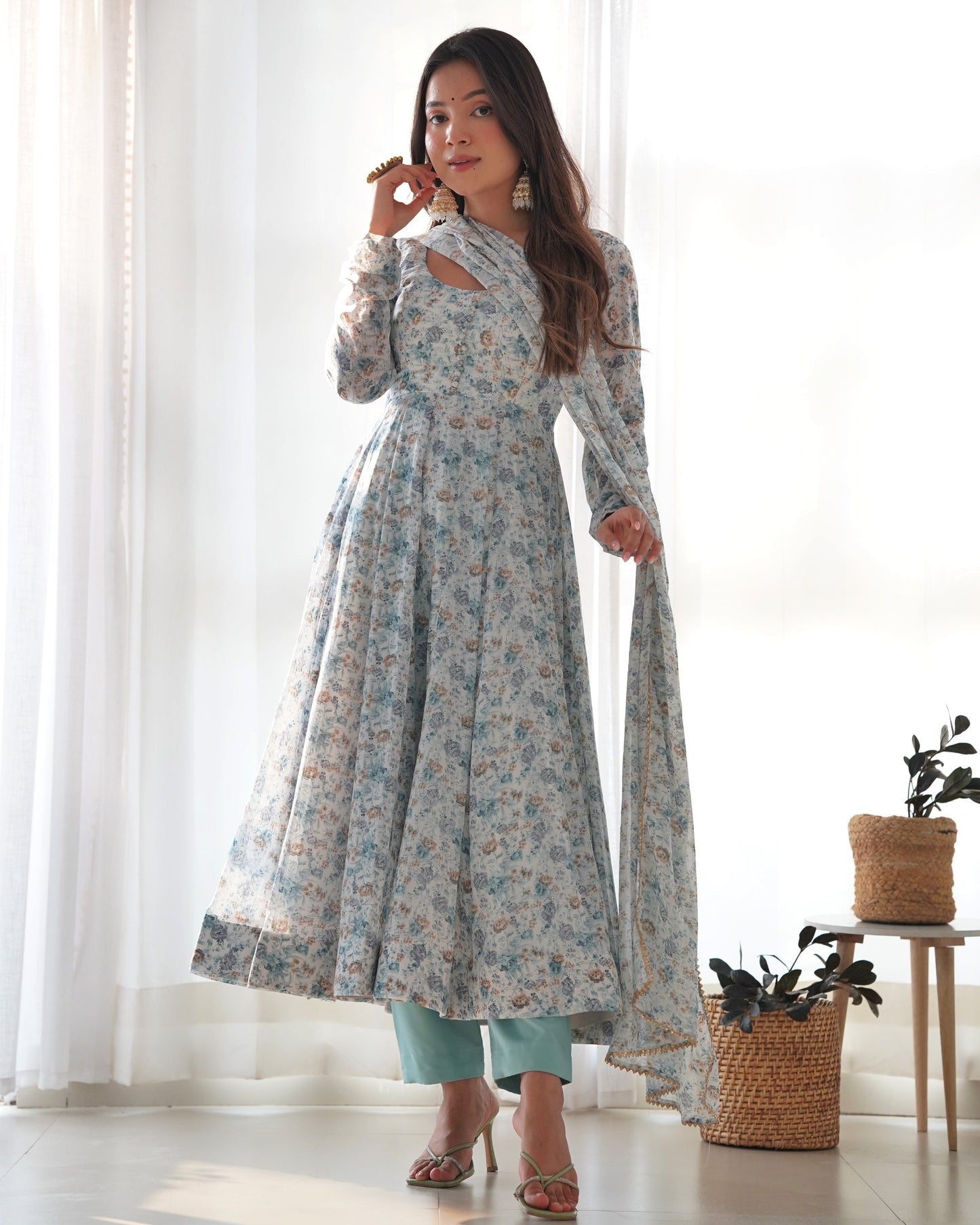 Lorenvalley Fashion Women Pure Orange Chiffon Floral Print Fully Flair Anarkali Kurta Pant With Dupatta Set - Skyblue | Swadesiicart
