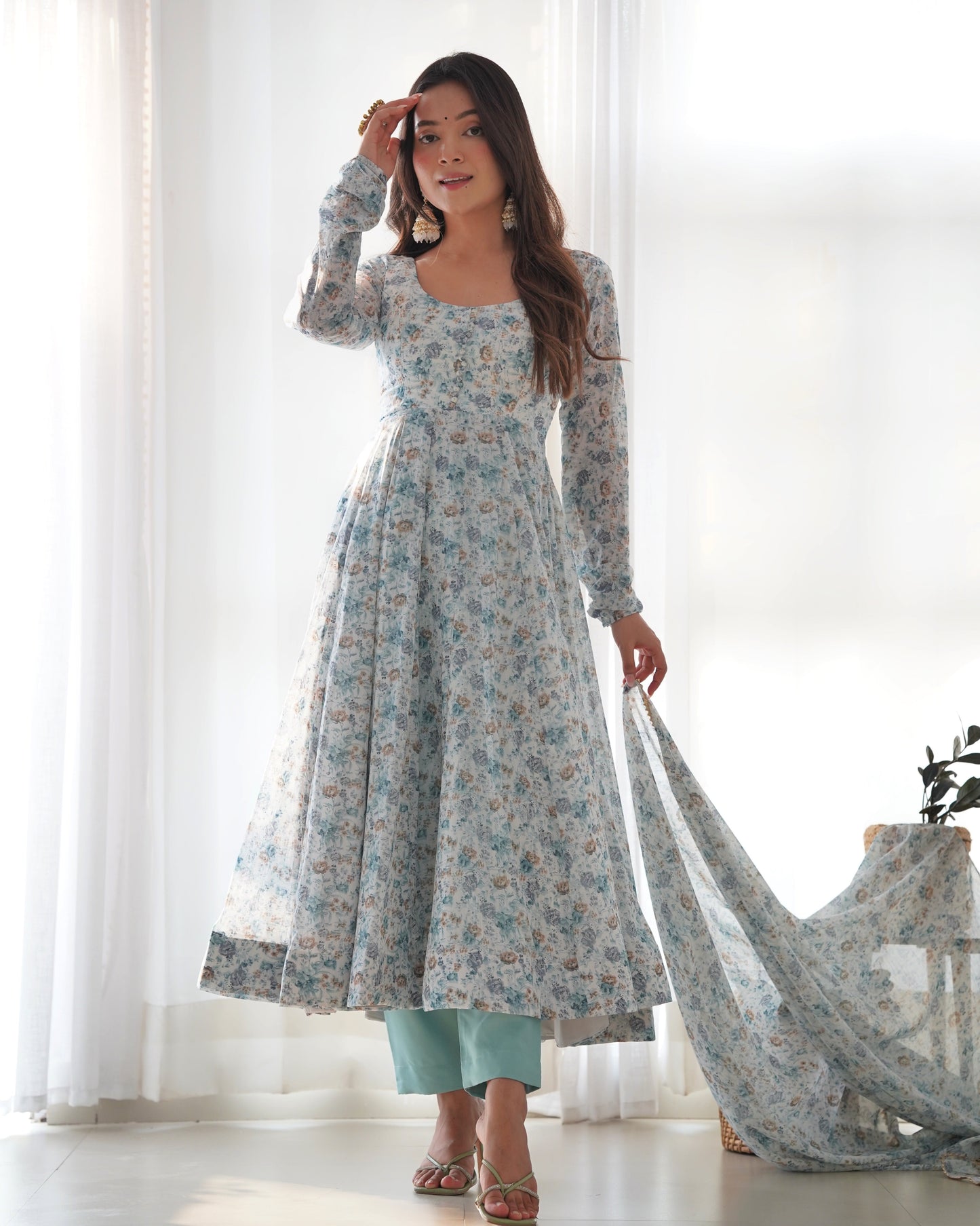 Lorenvalley Fashion Women Pure Orange Chiffon Floral Print Fully Flair Anarkali Kurta Pant With Dupatta Set - Skyblue | Swadesiicart