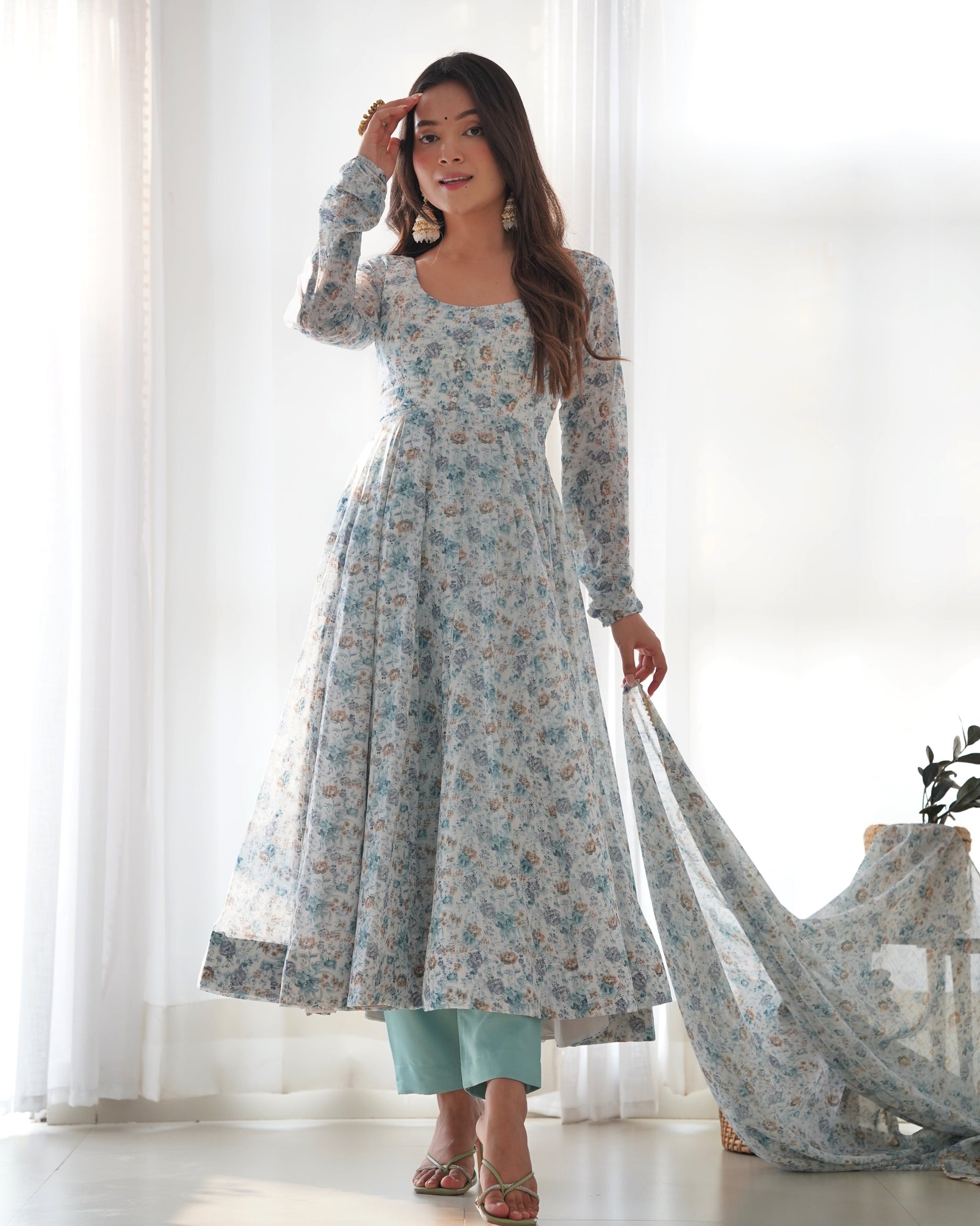 Lorenvalley Fashion Women Pure Orange Chiffon Floral Print Fully Flair Anarkali Kurta Pant With Dupatta Set - Skyblue | Swadesiicart