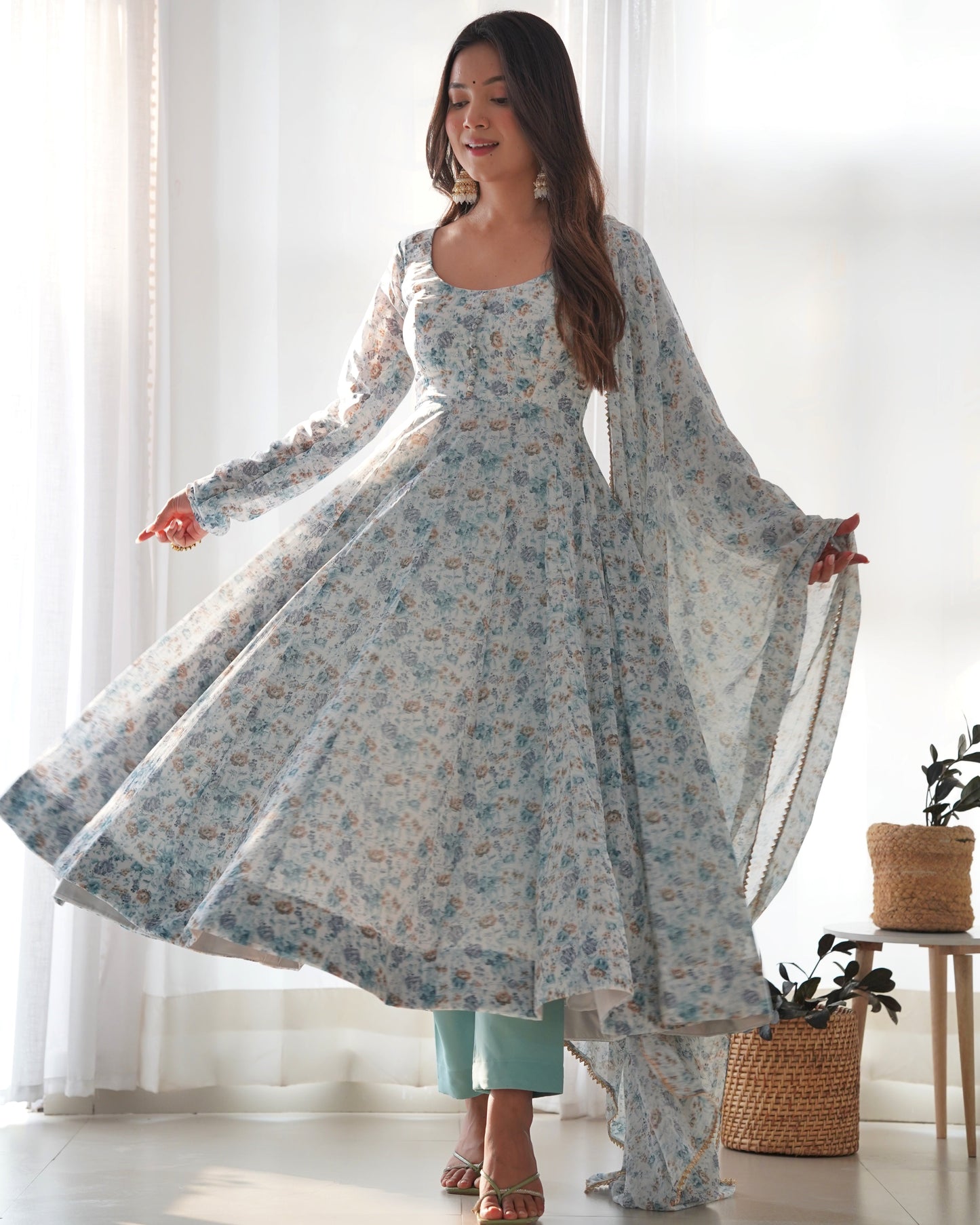 Lorenvalley Fashion Women Pure Orange Chiffon Floral Print Fully Flair Anarkali Kurta Pant With Dupatta Set - Skyblue | Swadesiicart