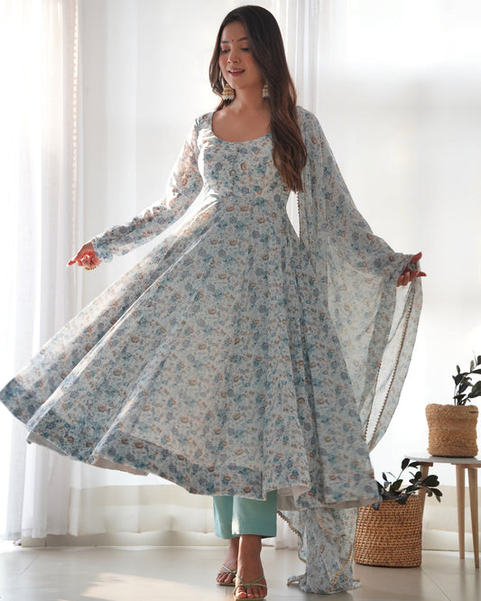 Lorenvalley Fashion Women Pure Orange Chiffon Floral Print Fully Flair Anarkali Kurta Pant With Dupatta Set - Skyblue | Swadesiicart