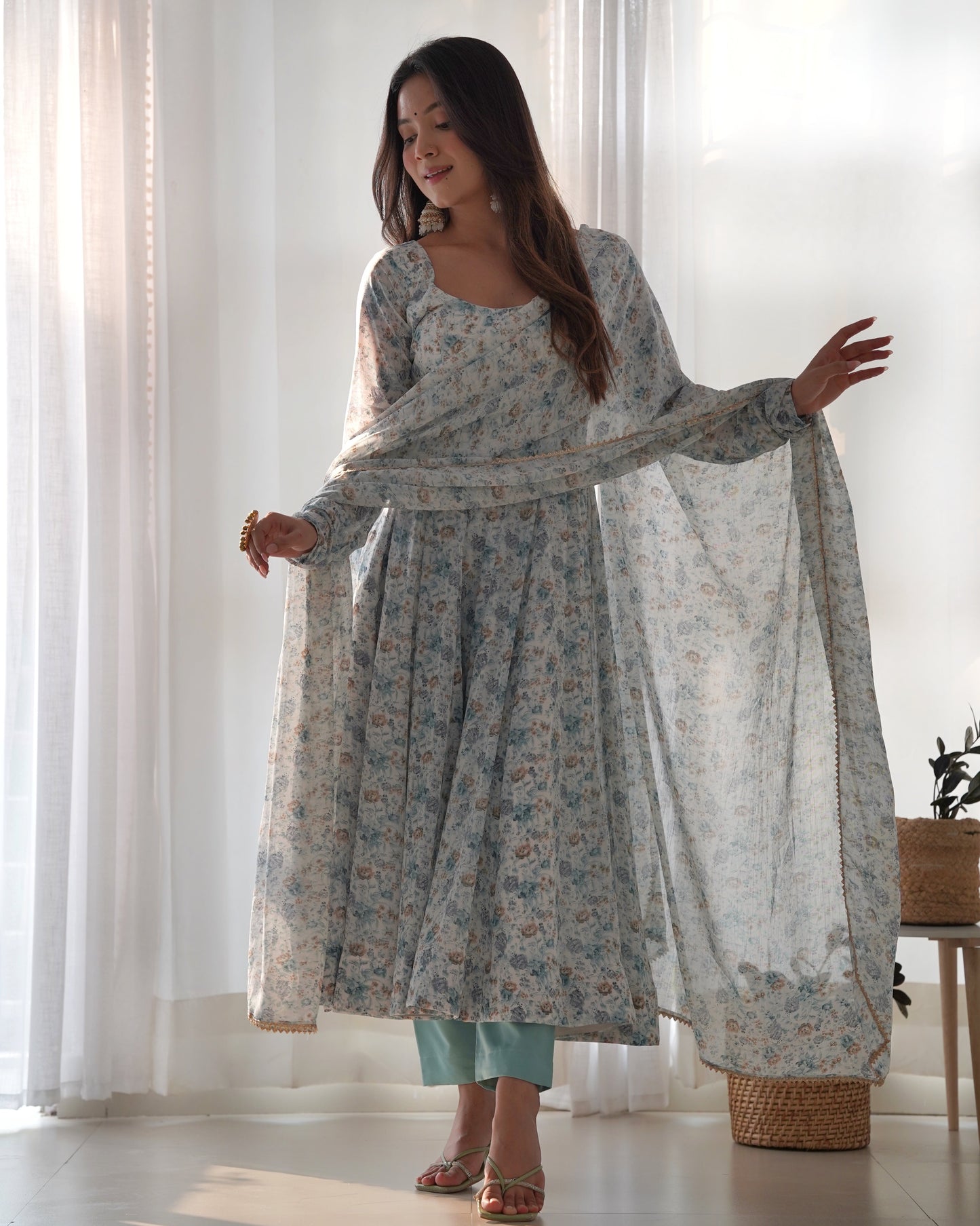 Lorenvalley Fashion Women Pure Orange Chiffon Floral Print Fully Flair Anarkali Kurta Pant With Dupatta Set - Skyblue | Swadesiicart
