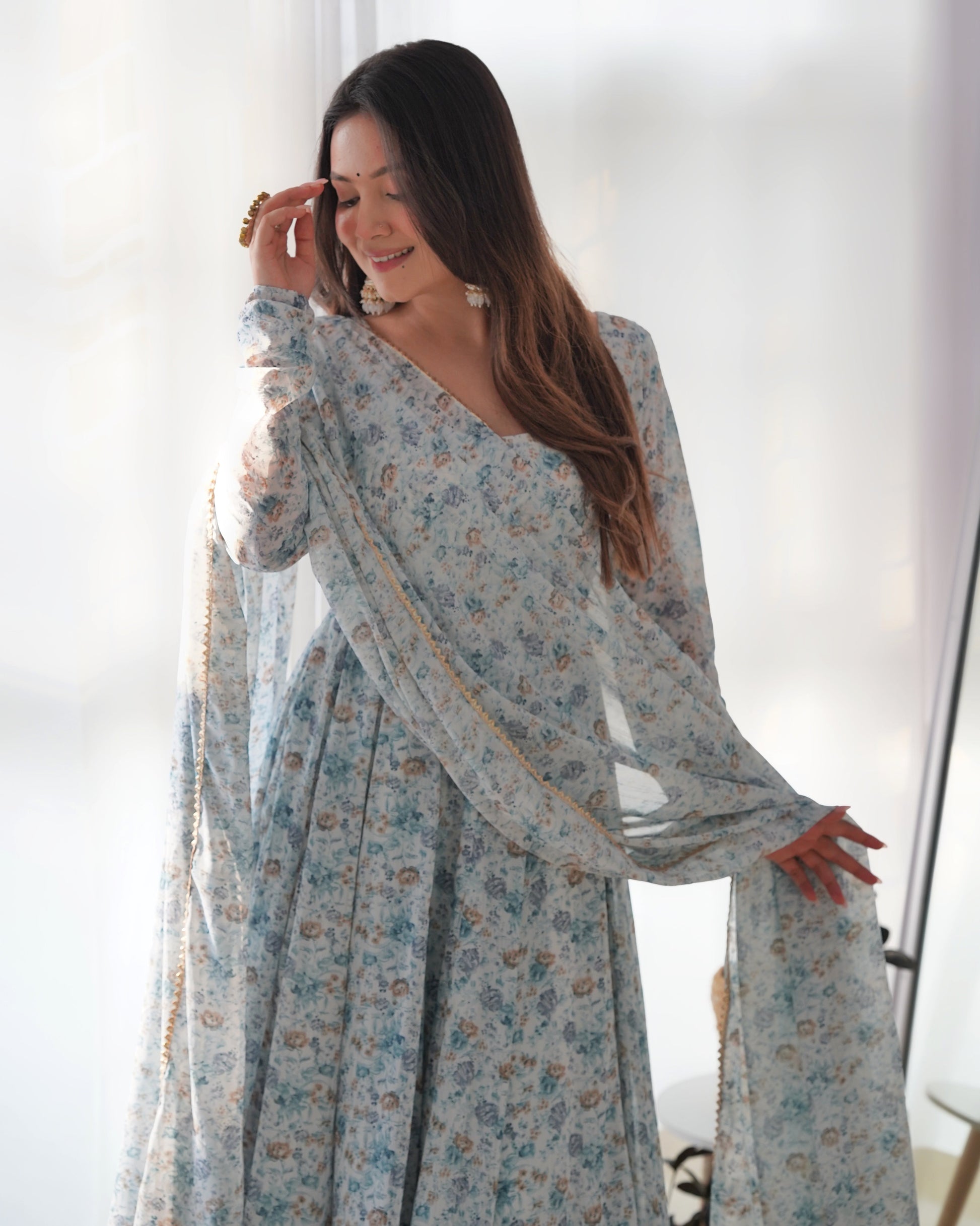 Lorenvalley Fashion Women Pure Orange Chiffon Floral Print Fully Flair Anarkali Kurta Pant With Dupatta Set - Skyblue | Swadesiicart