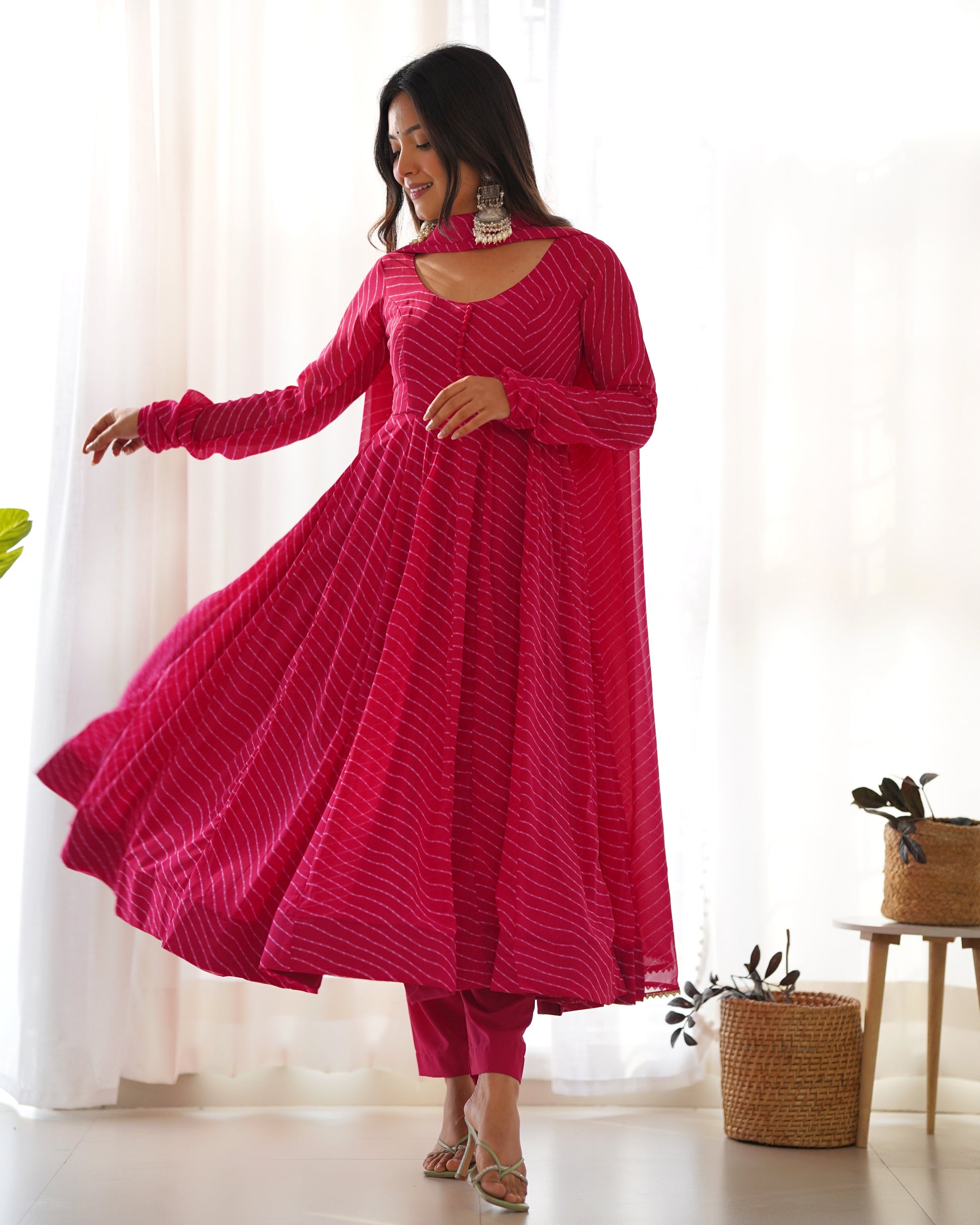 Lorenvalley Fashion Women Pure Soft Faux Georgette Laheriya Print Fully Flair Anarkali Kurta Pant With Dupatta Set - Magenta | Swadesiicart
