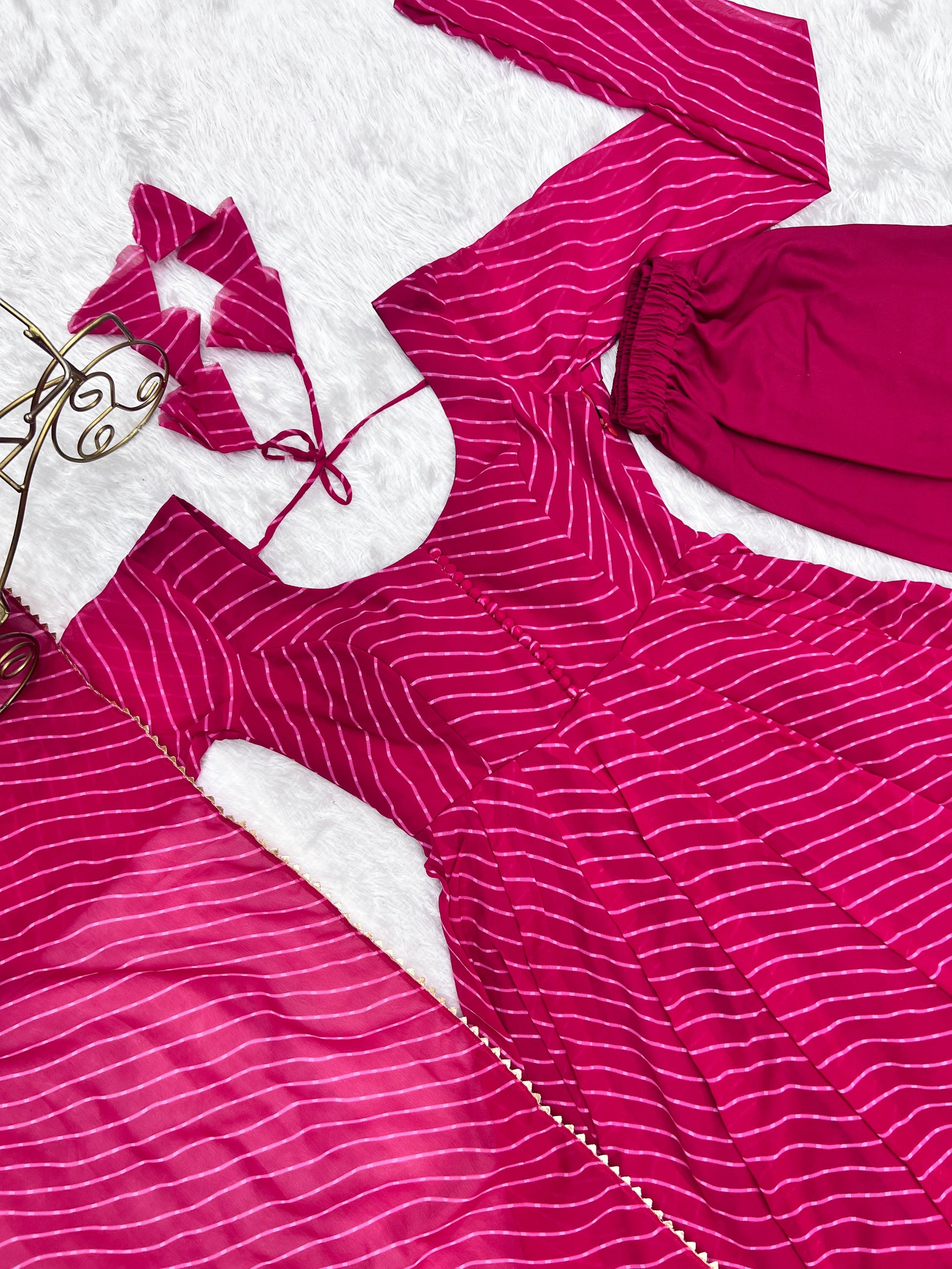 Lorenvalley Fashion Women Pure Soft Faux Georgette Laheriya Print Fully Flair Anarkali Kurta Pant With Dupatta Set - Magenta | Swadesiicart