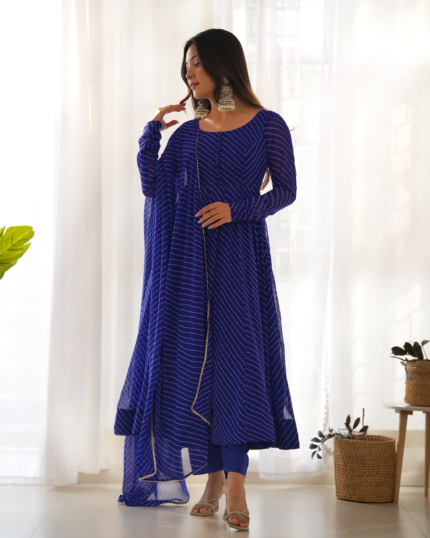 Lorenvalley Fashion Women Pure Soft Faux Georgette Laheriya Print Fully Flair Anarkali Kurta Pant With Dupatta Set - Blue | Swadesiicart